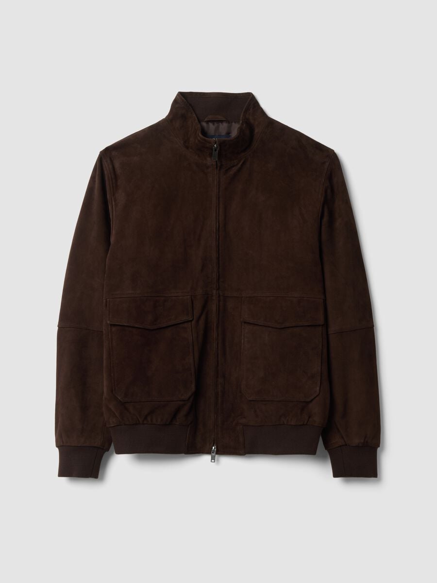 Brown genuine leather bomber jacket with zip_1