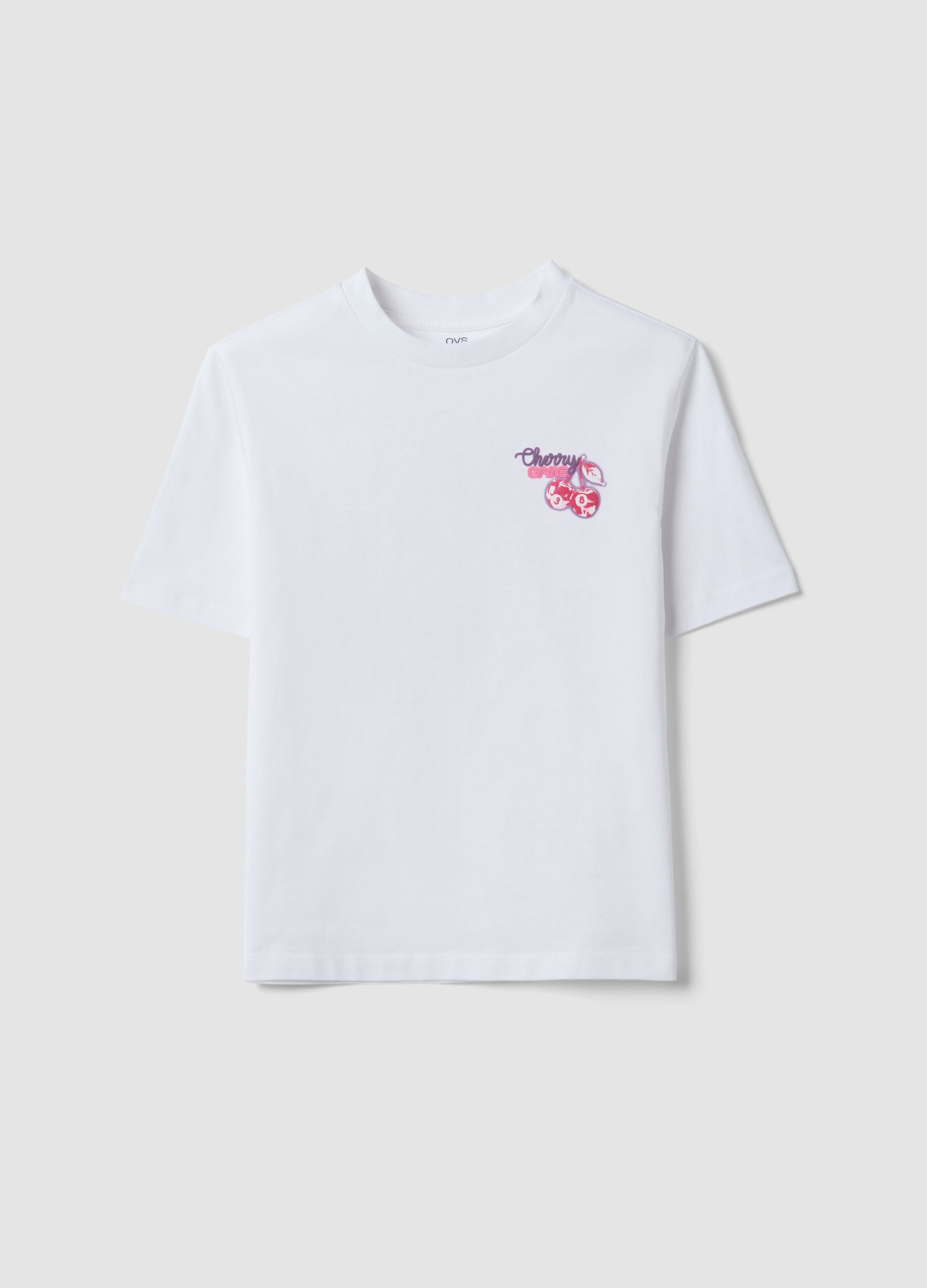 White pure cotton T-shirt with ribbed neckline and cherry print