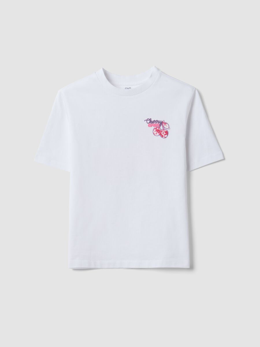 White pure cotton T-shirt with ribbed neckline and cherry print_0