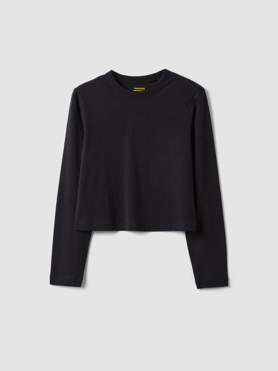 T-shirt nera in puro cotone con collo a costine per ragazza_4