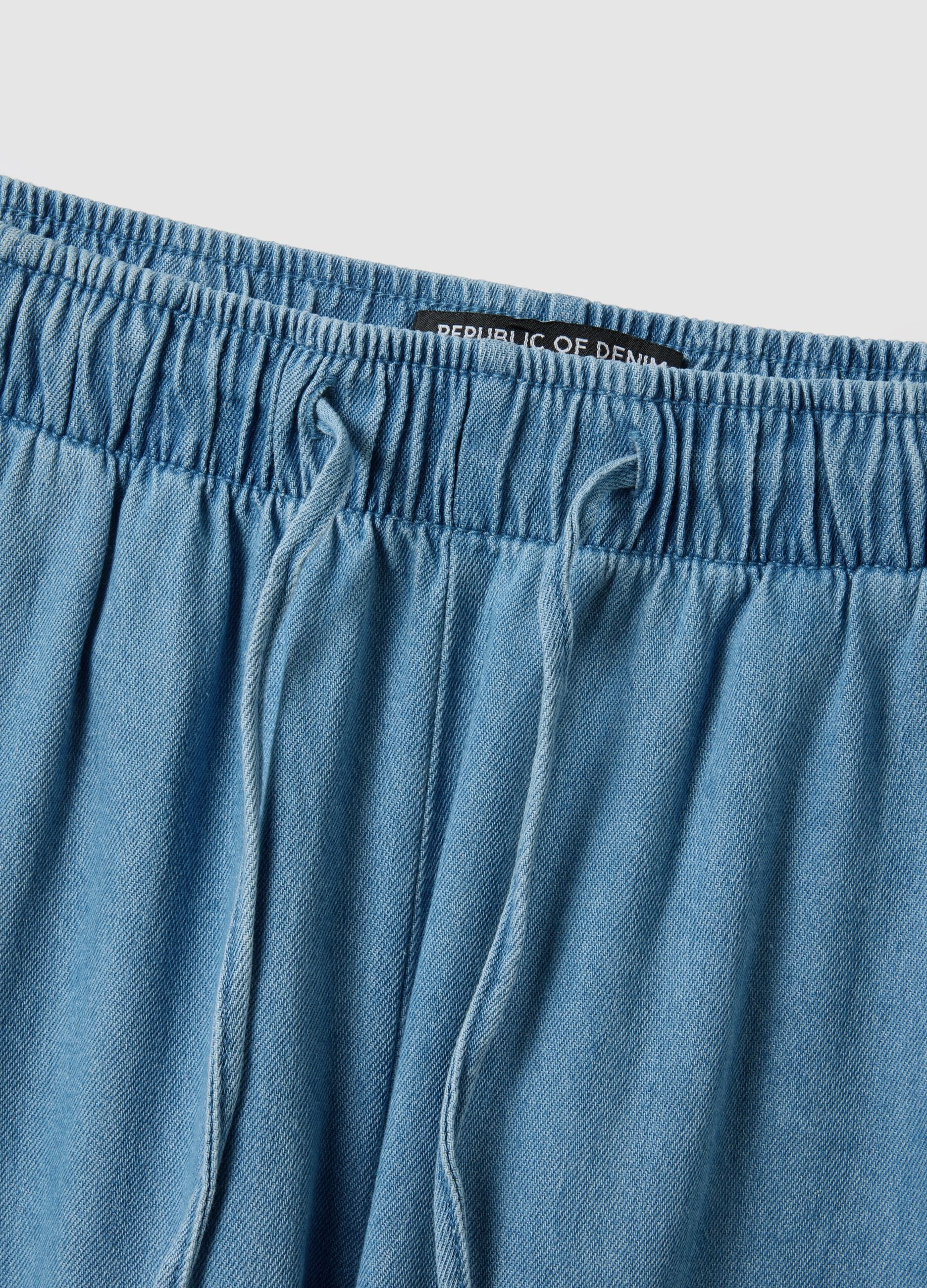 Blue wide leg denim trousers in pure cotton with elastic waistband