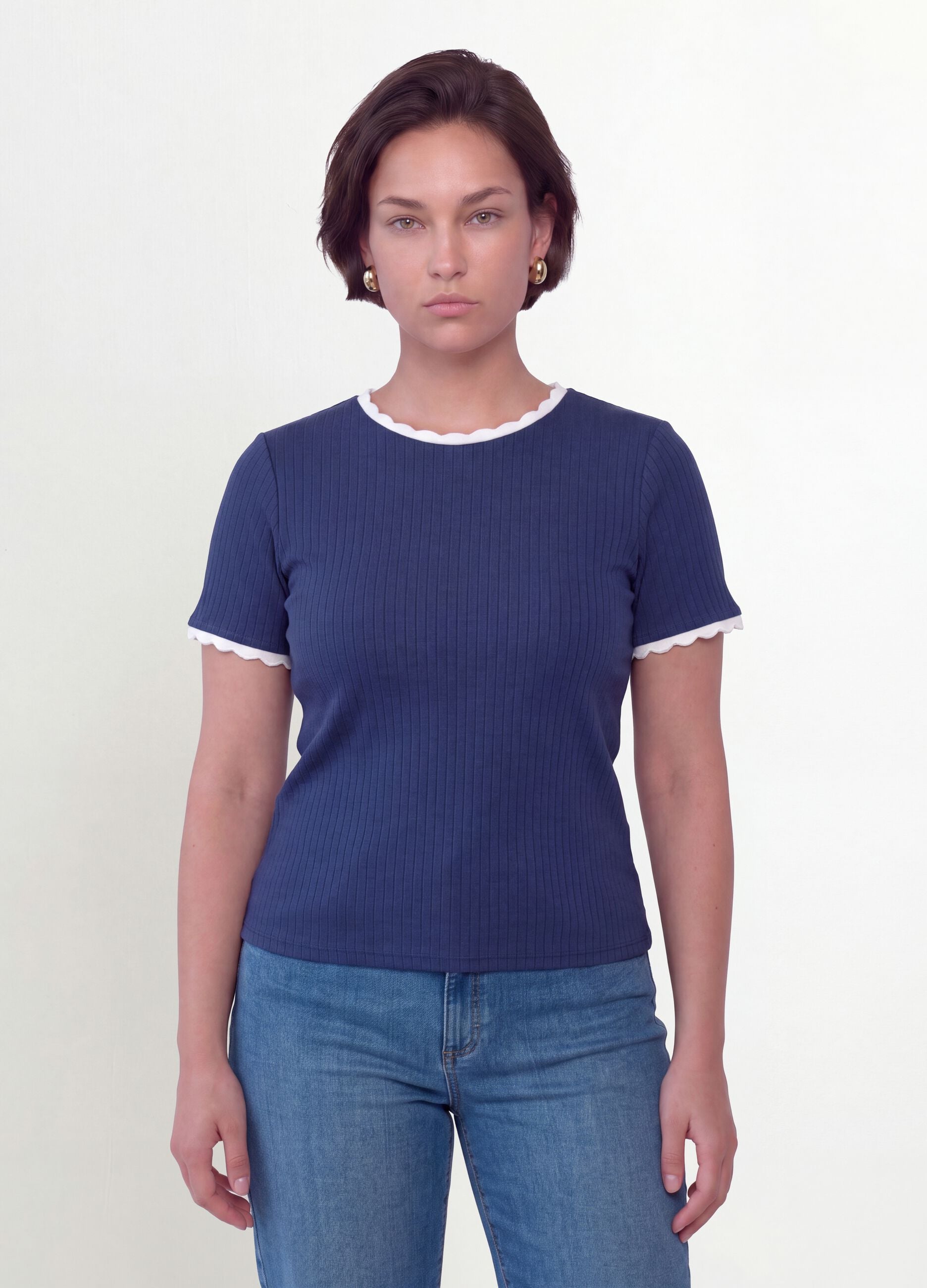 Blue stretch viscose crew-neck T-shirt with contrast trim