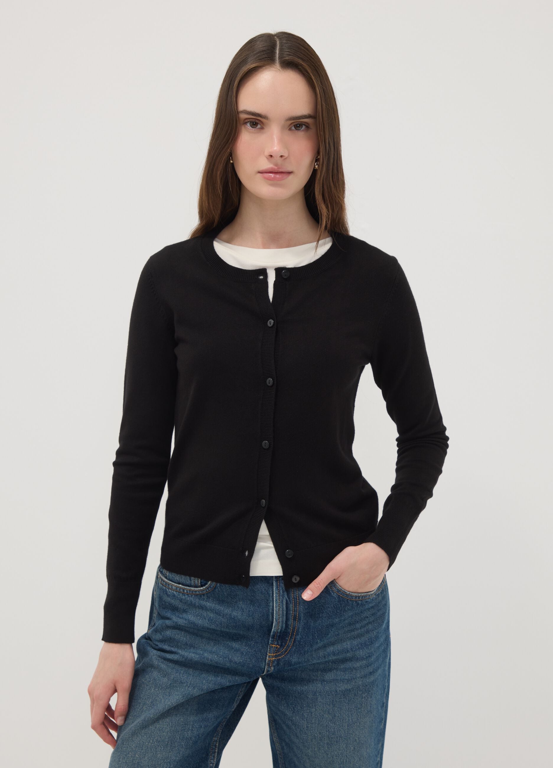Black crew neck cardigan, regular fit in jersey knit