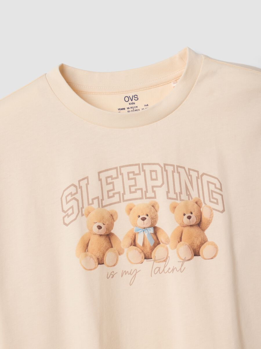 Beige organic cotton pyjamas with crew neck and teddy bear print_2