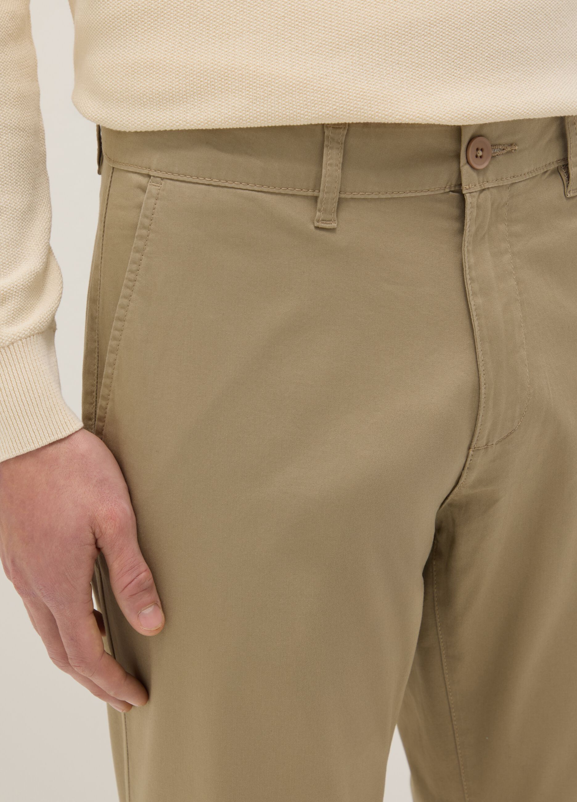 Beige stretch cotton chino trousers with a regular fit