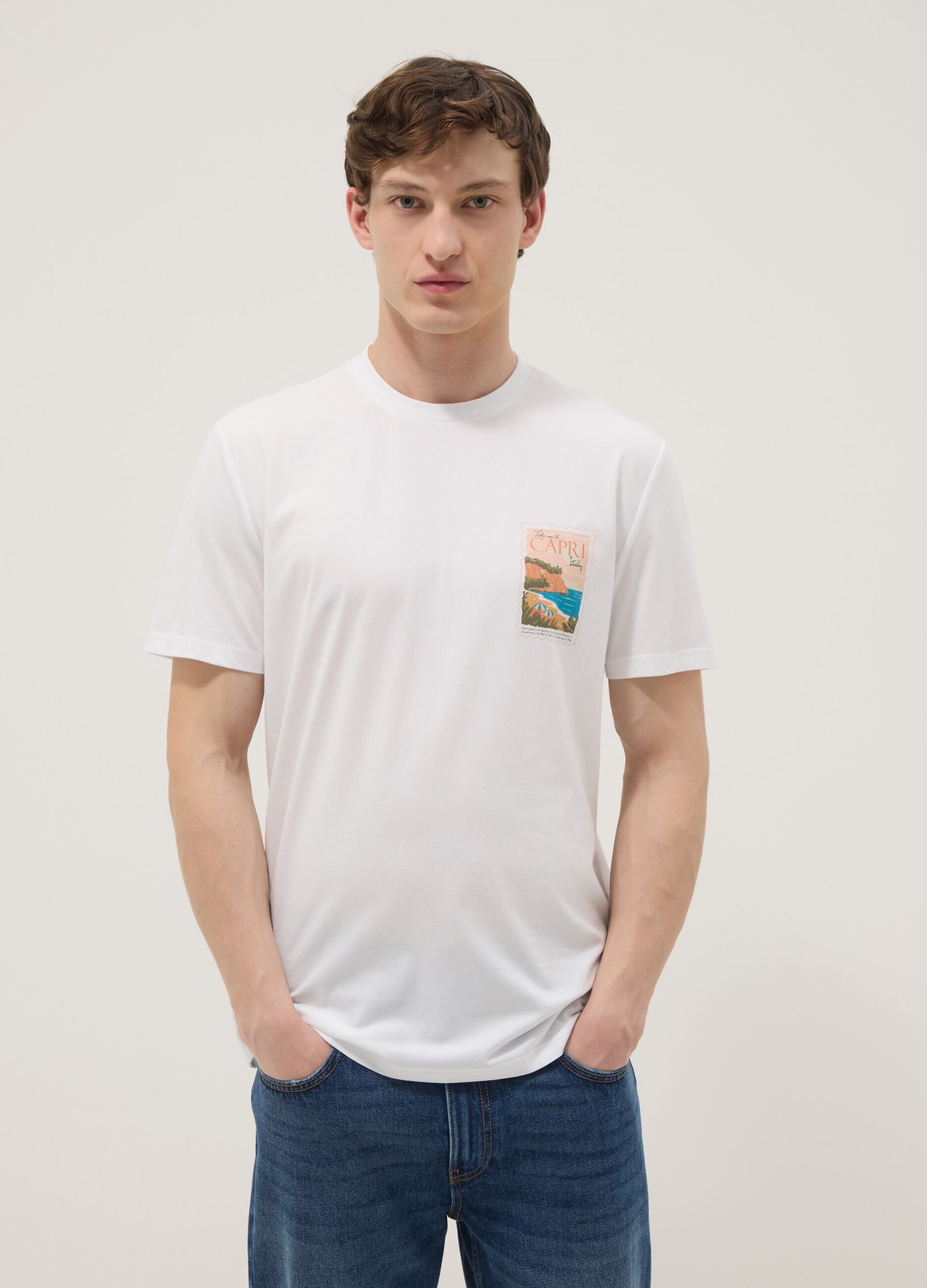 White pure cotton T-shirt with applied print, regular fit
