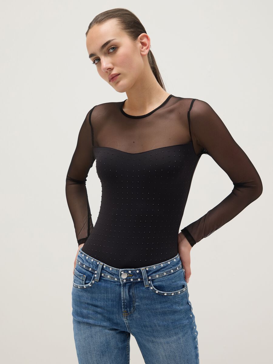 Black slim fit bodysuit with sheer accents_0