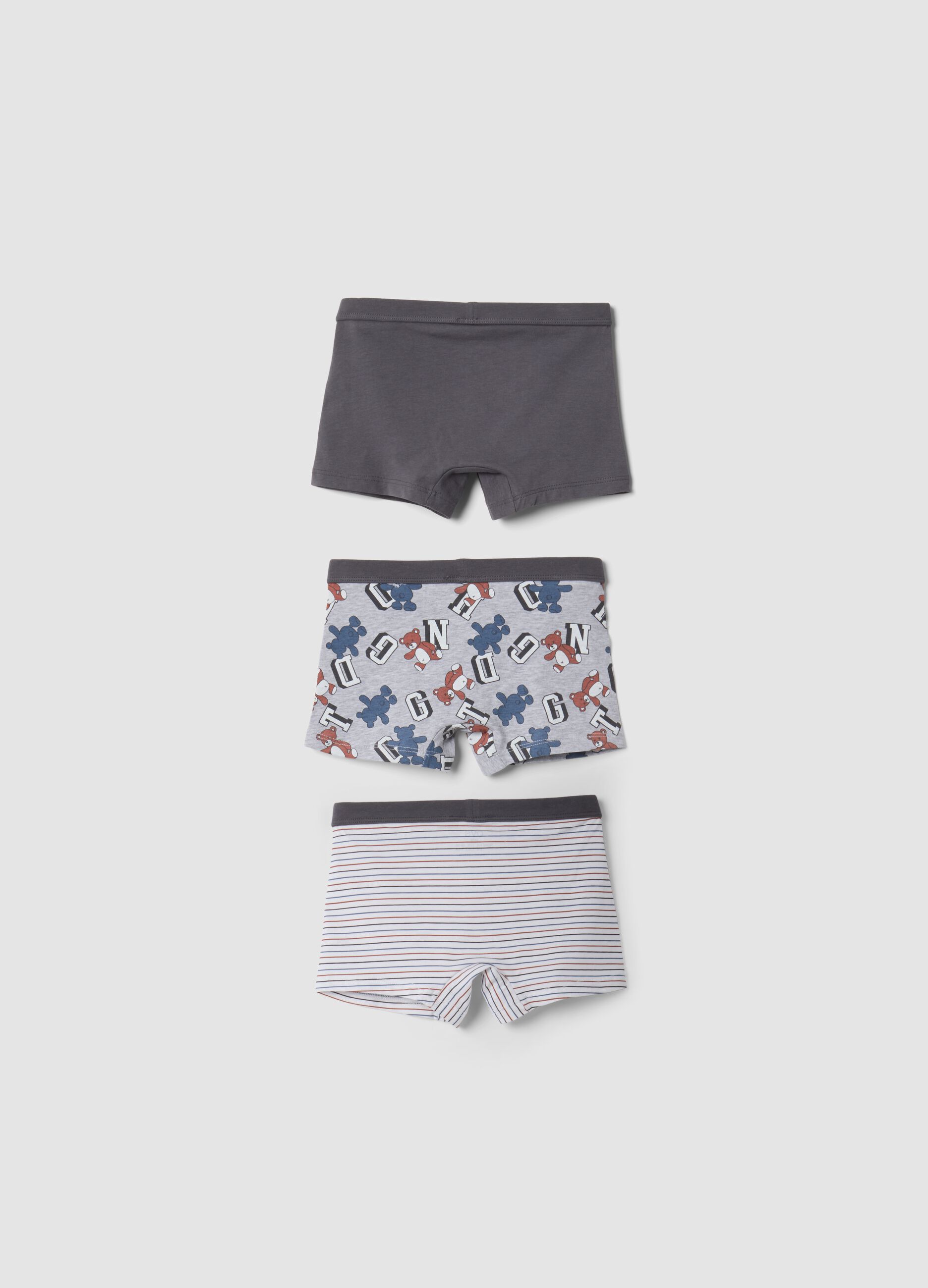 3-pack of grey midi boxer shorts in stretchy organic cotton with animal print