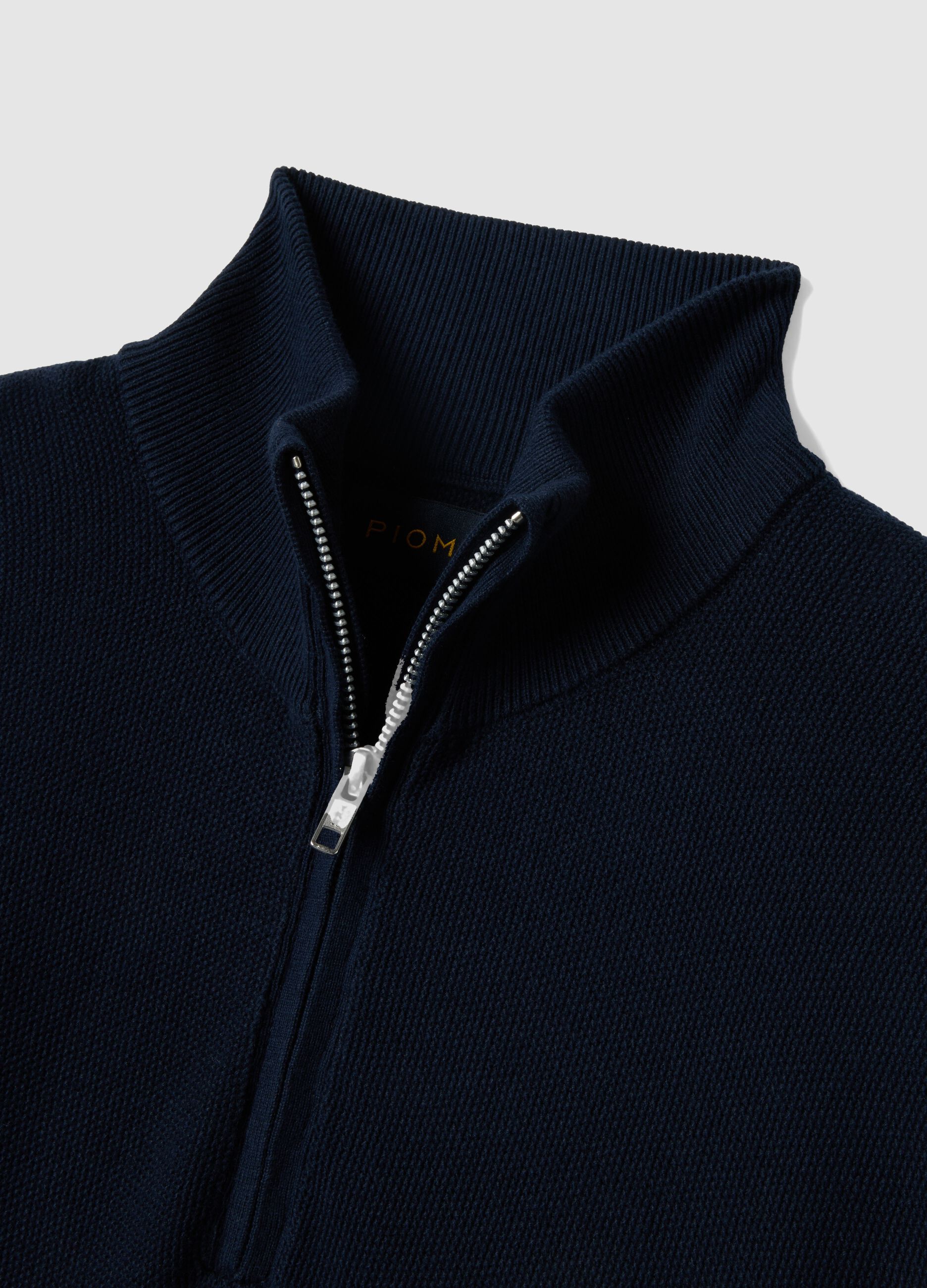 Pure cotton blue regular fit sweater with high neck and zip