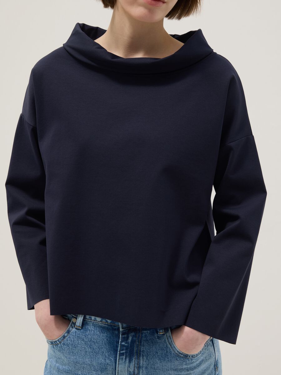Blue regular fit stretch cotton blend jumper with wide collar_3