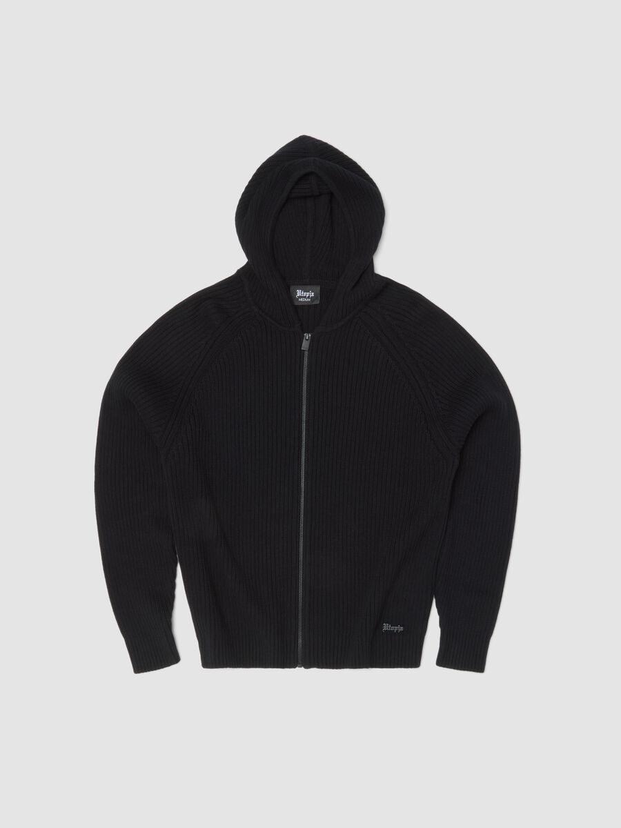 Black Ribbed Knit Hoodie_0
