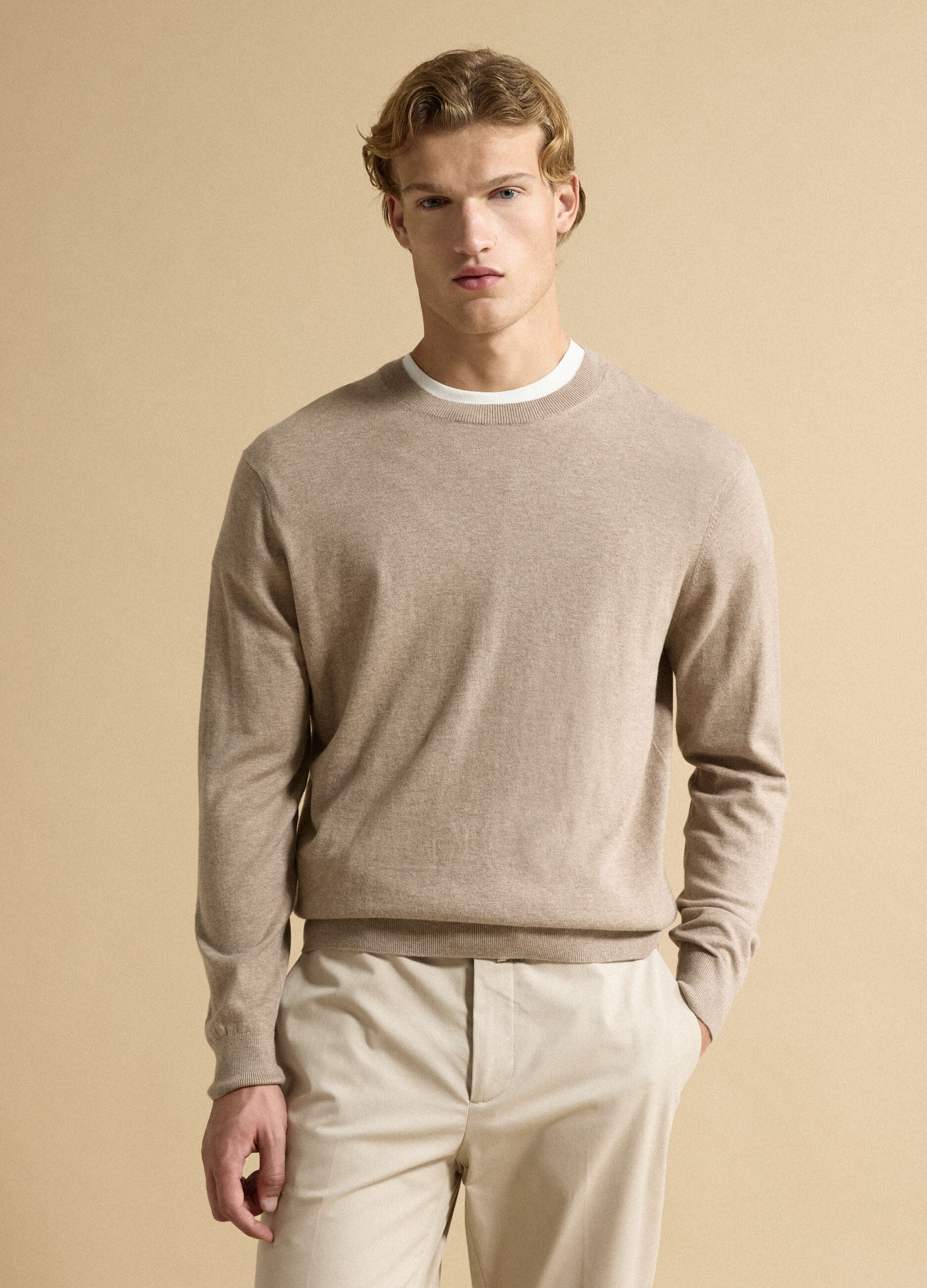Beige crew-neck jumper in cotton and cashmere blend, regular fit