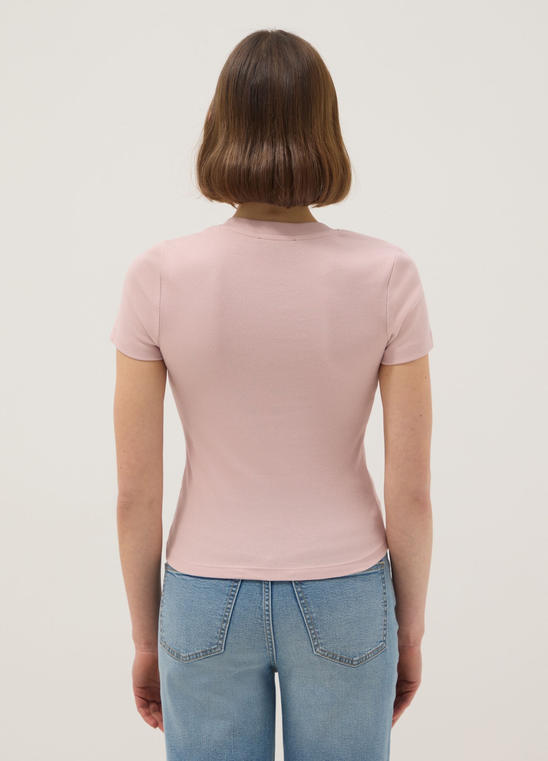 Pink regular fit deep V stretch cotton T-shirt