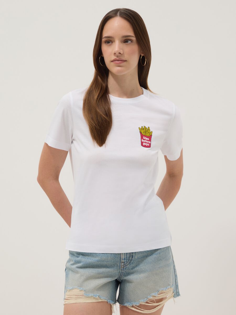 White pure cotton T-shirt with embroidery_0