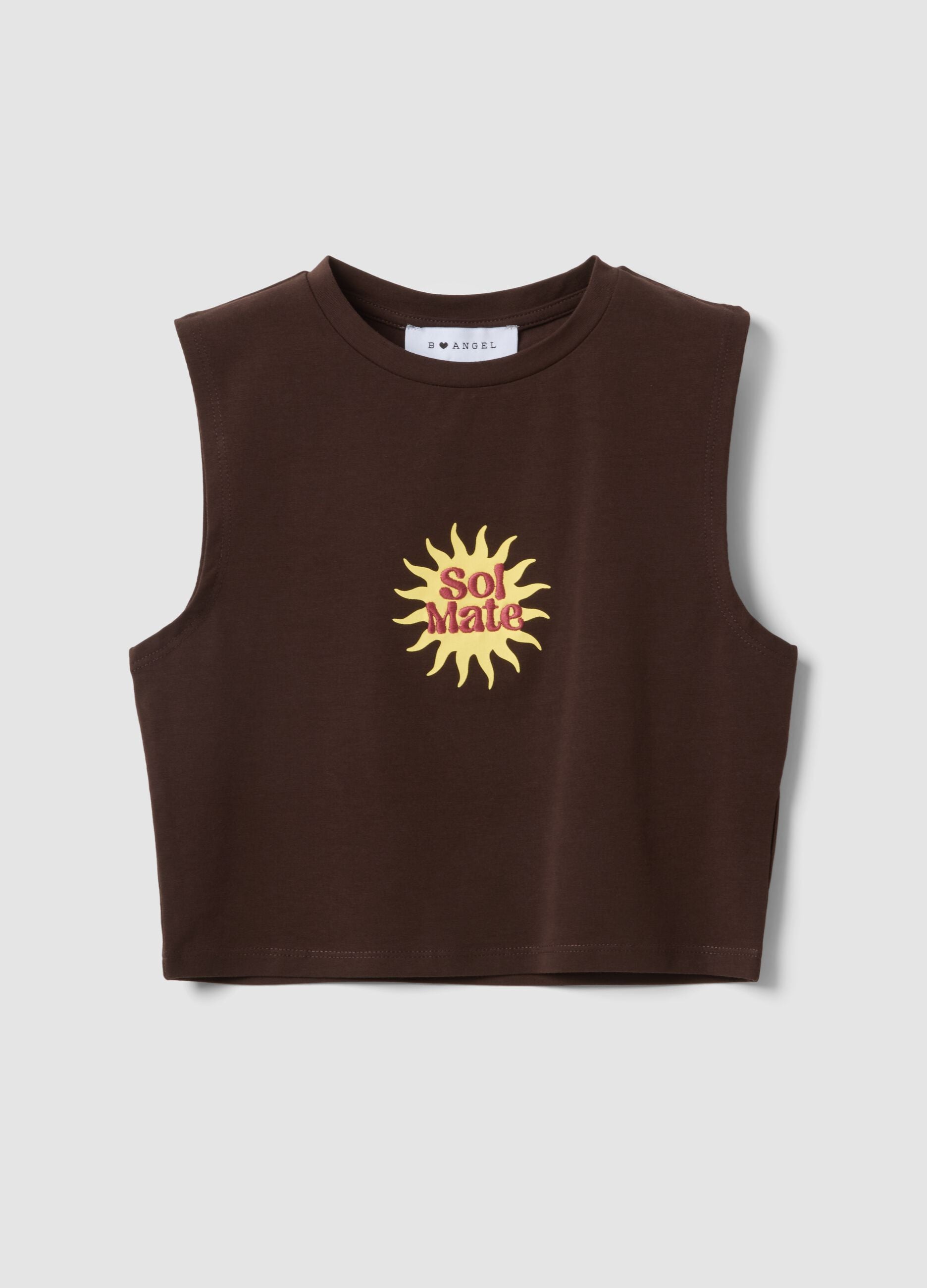 Brown stretch cotton regular-fit tank top with print