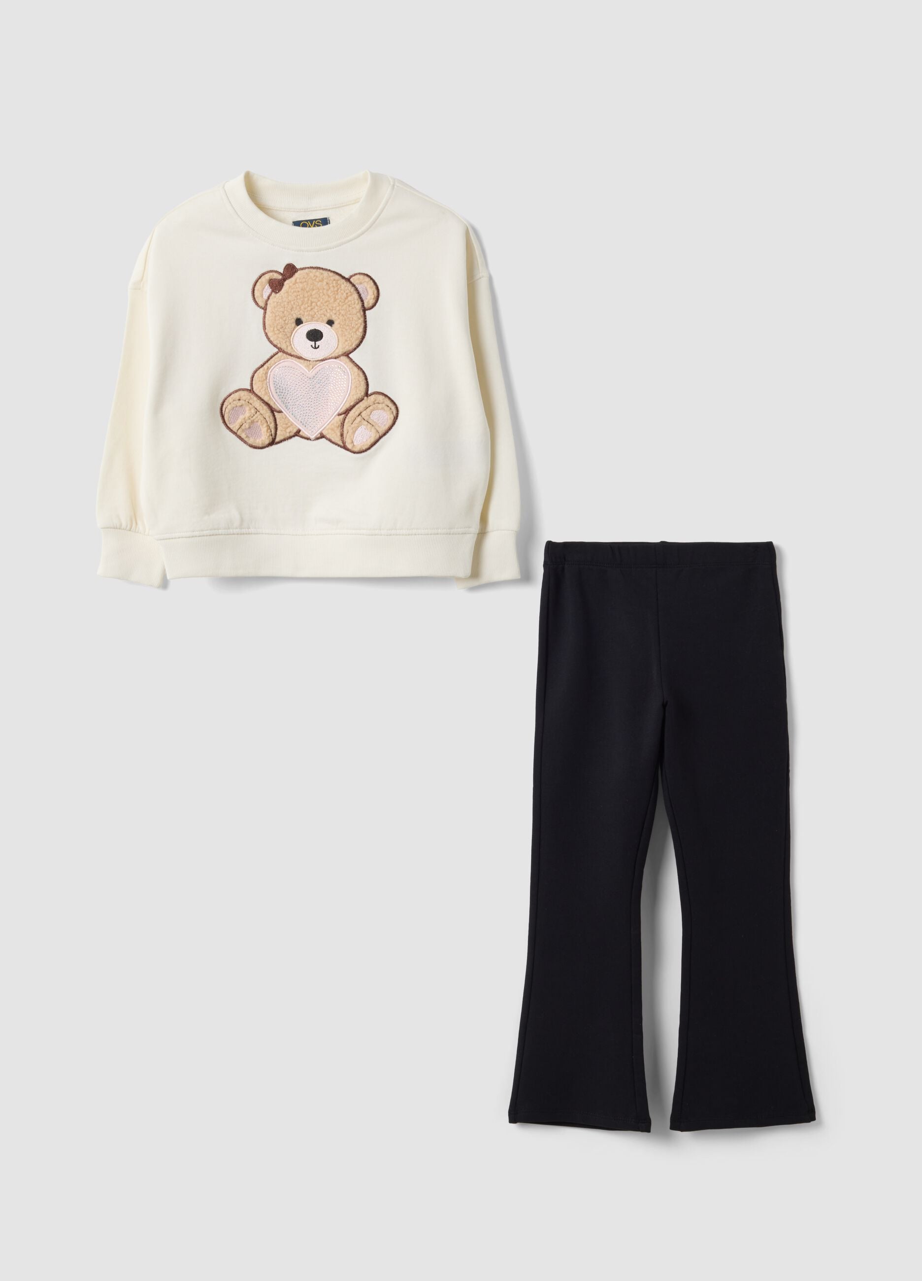 Pure cotton crew-neck set with teddy bear print for girls