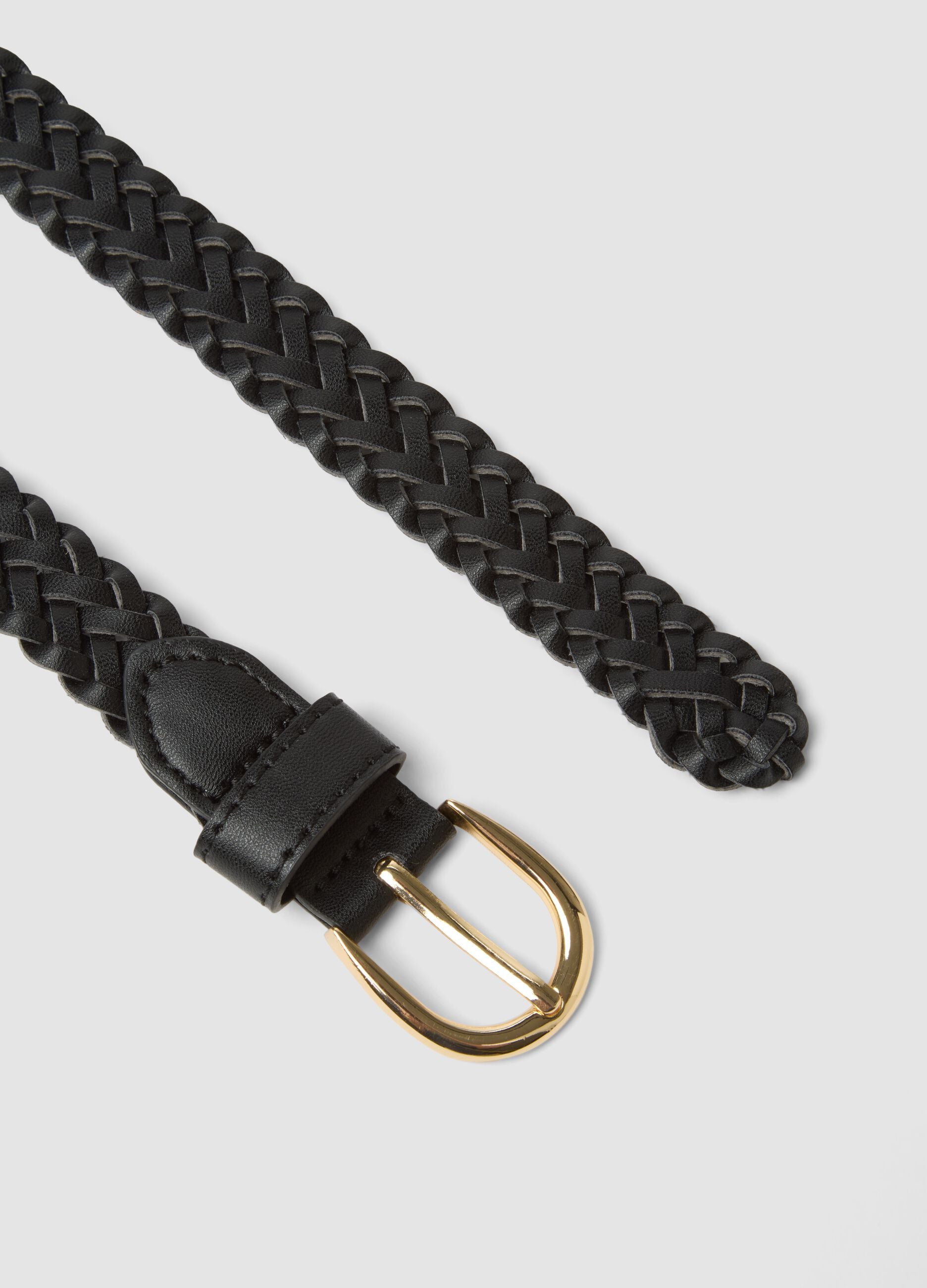 Black woven belt with gold buckle