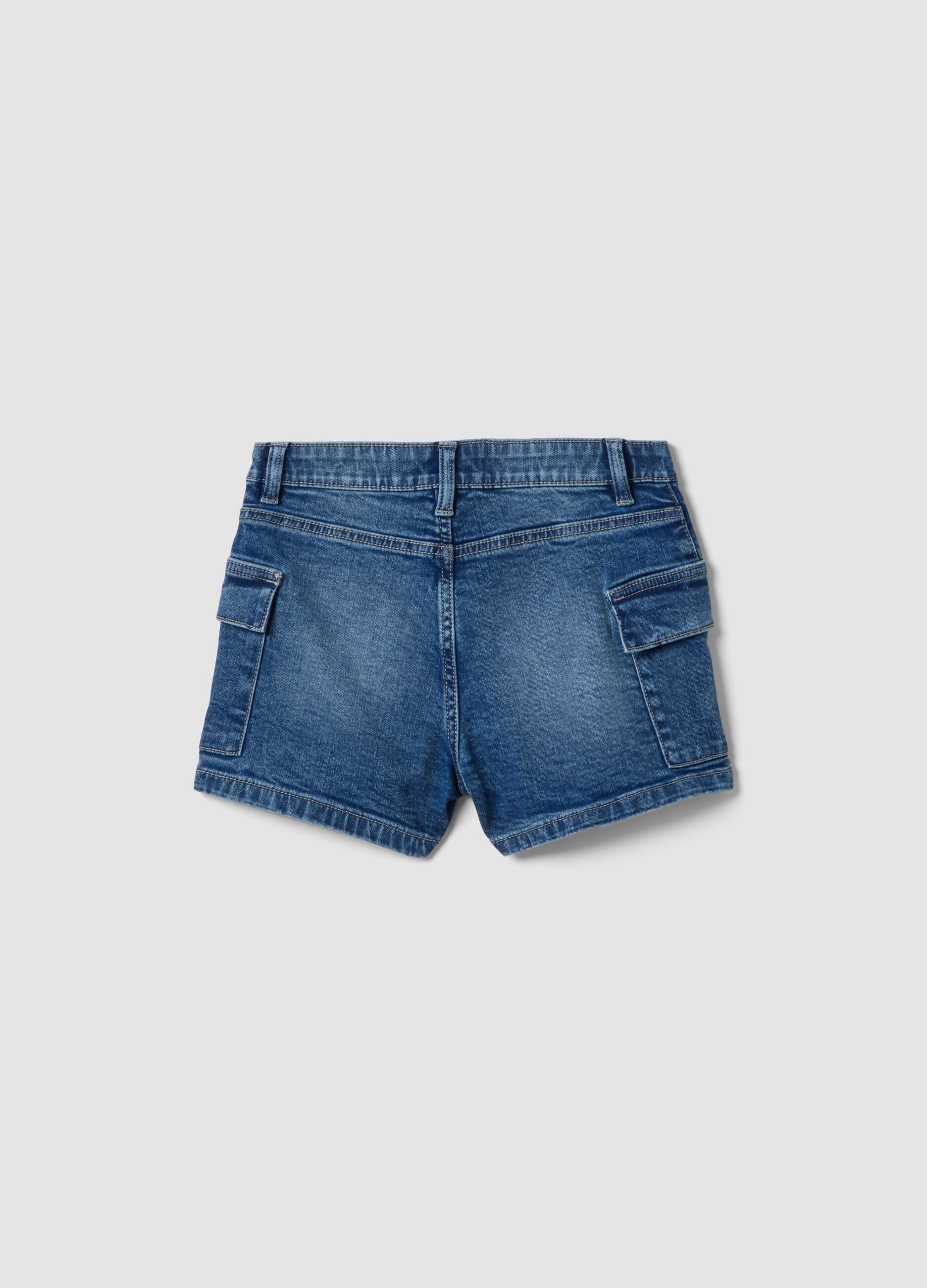 Girls&rsquo; blue denim cargo shorts in stretch cotton, slim fit