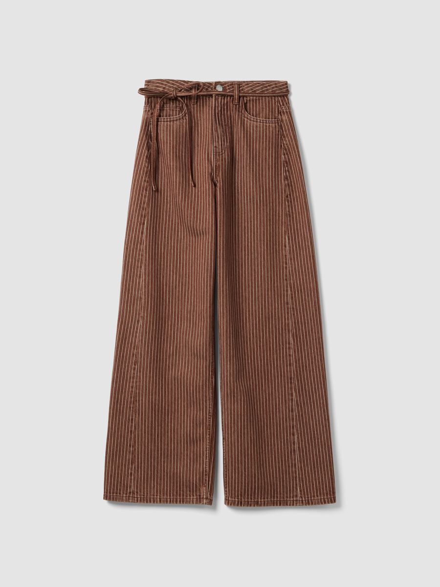 Pantaloni wide leg a righe marroni in puro cotone_4