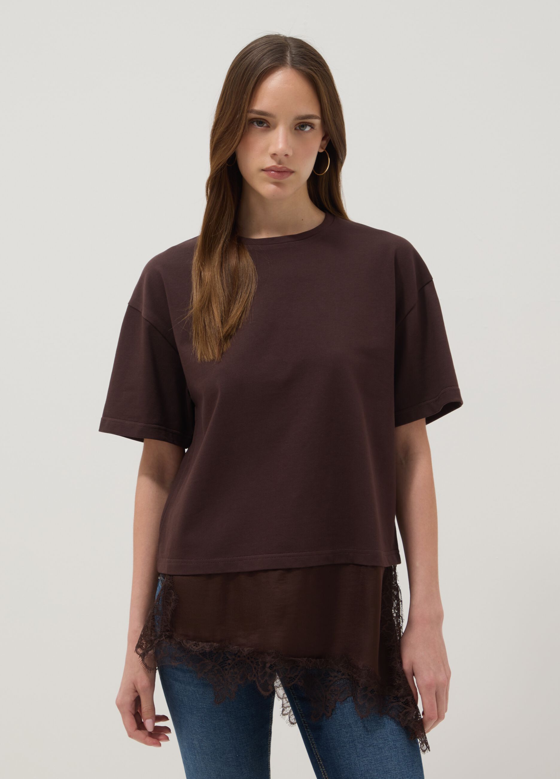 Brown pure cotton T-shirt with lace insert, relaxed fit