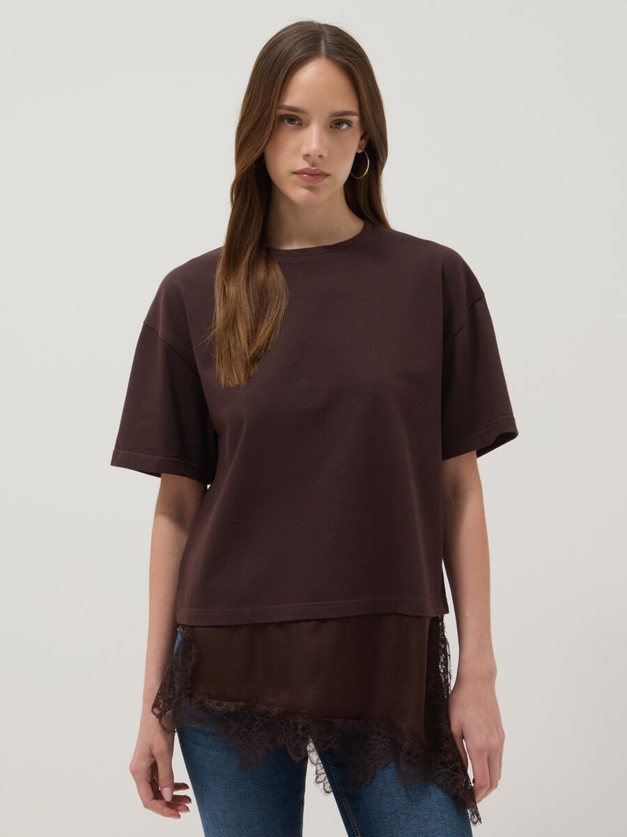 Brown pure cotton T-shirt with lace insert, relaxed fit_1