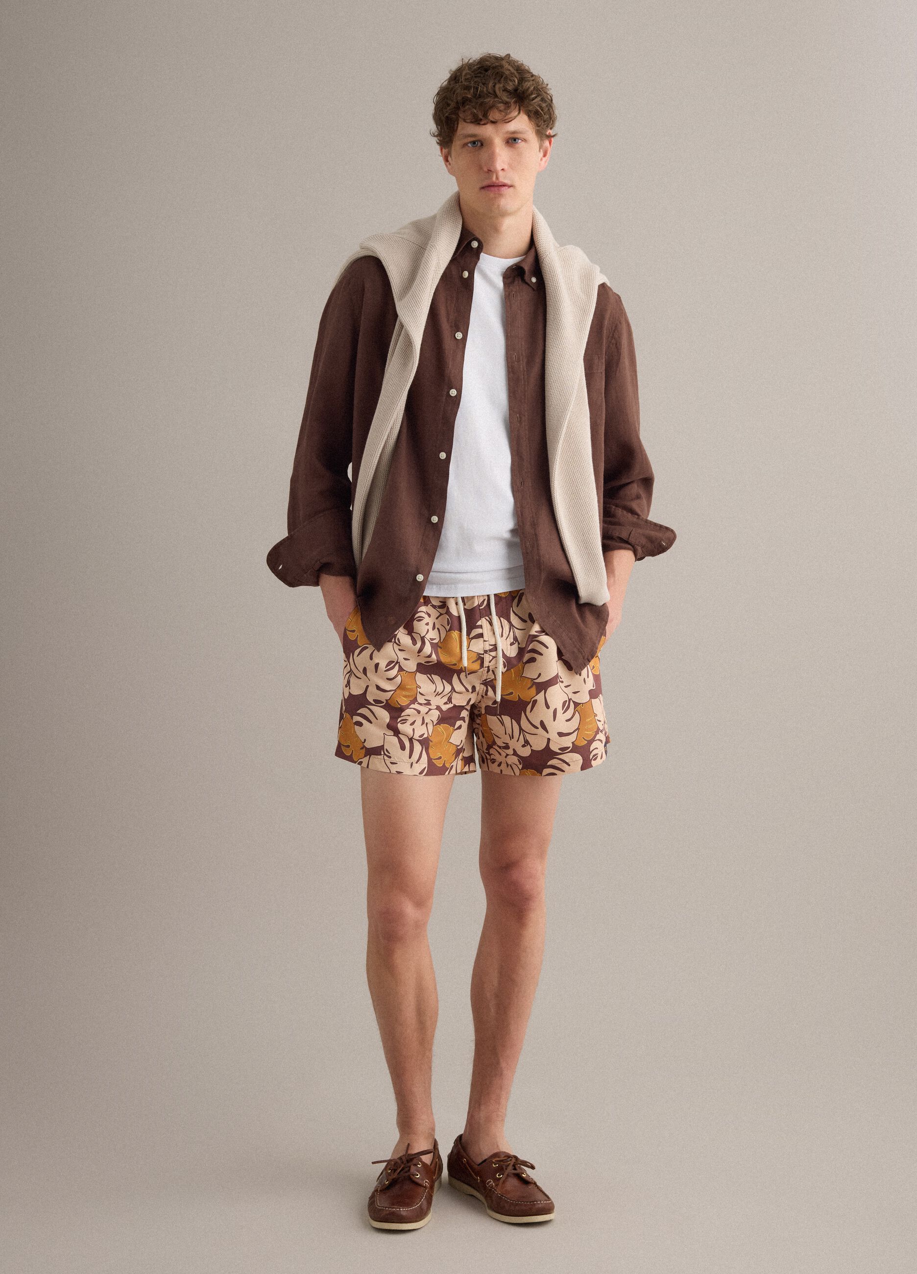 Brown tropical-print swim shorts
