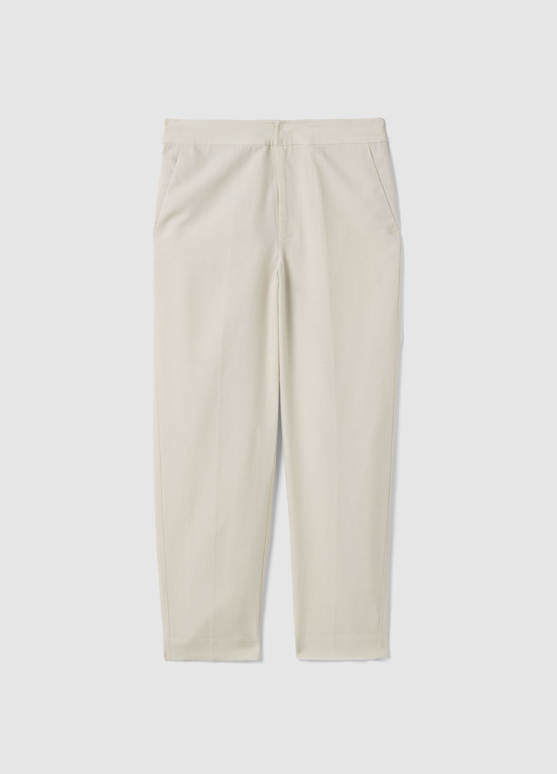Beige Lyocell and Linen Blend Regular Fit Trousers