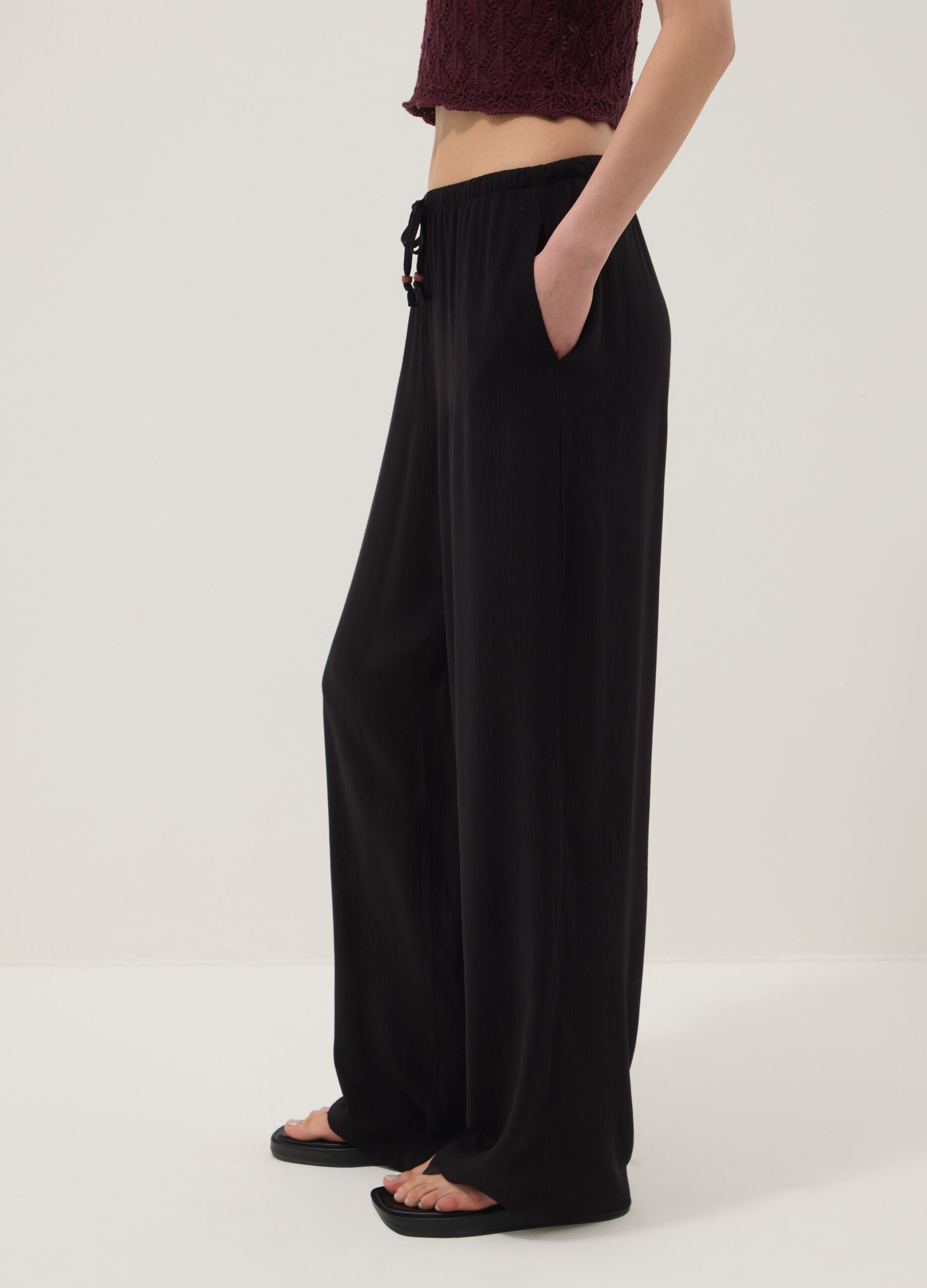 Black pure viscose trousers with drawstring, relaxed fit