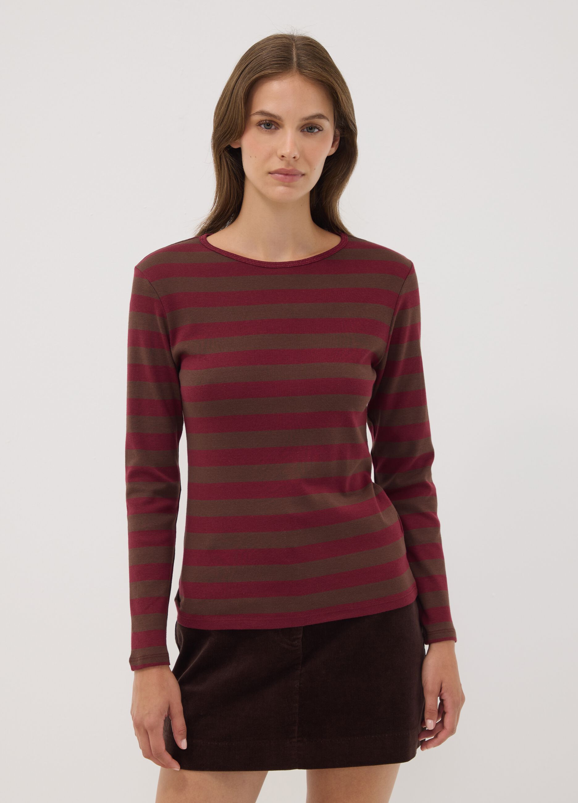 Brown striped pure cotton crew-neck T-shirt