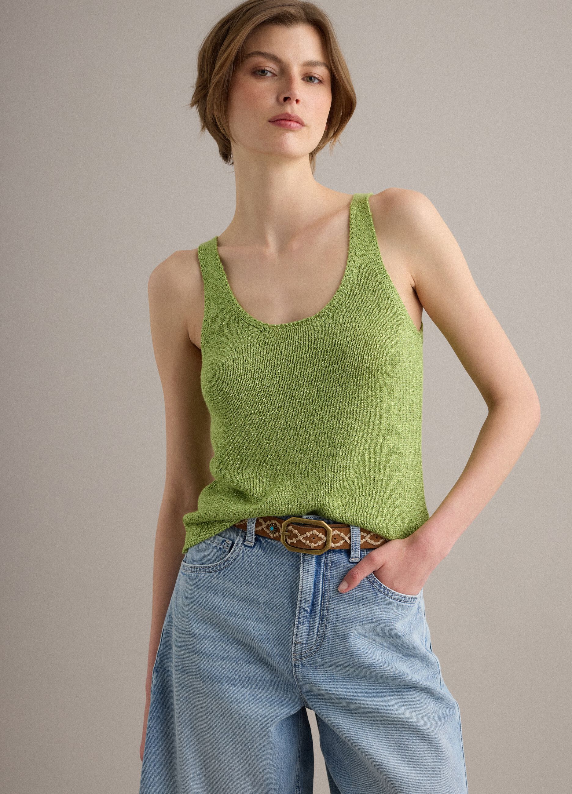 Green glitter viscose-blend tank top, regular fit