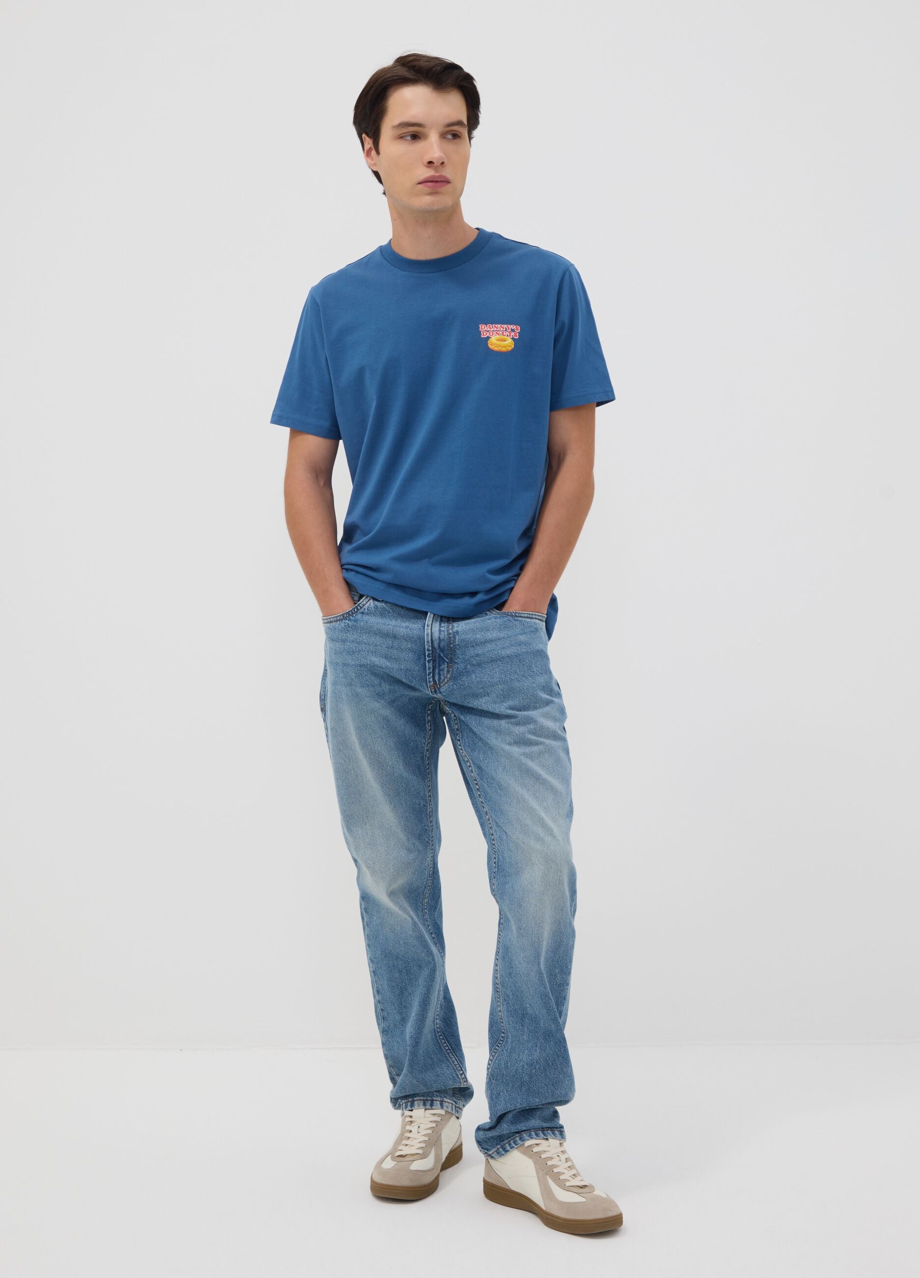 Blue pure cotton jersey T-shirt with print, regular fit