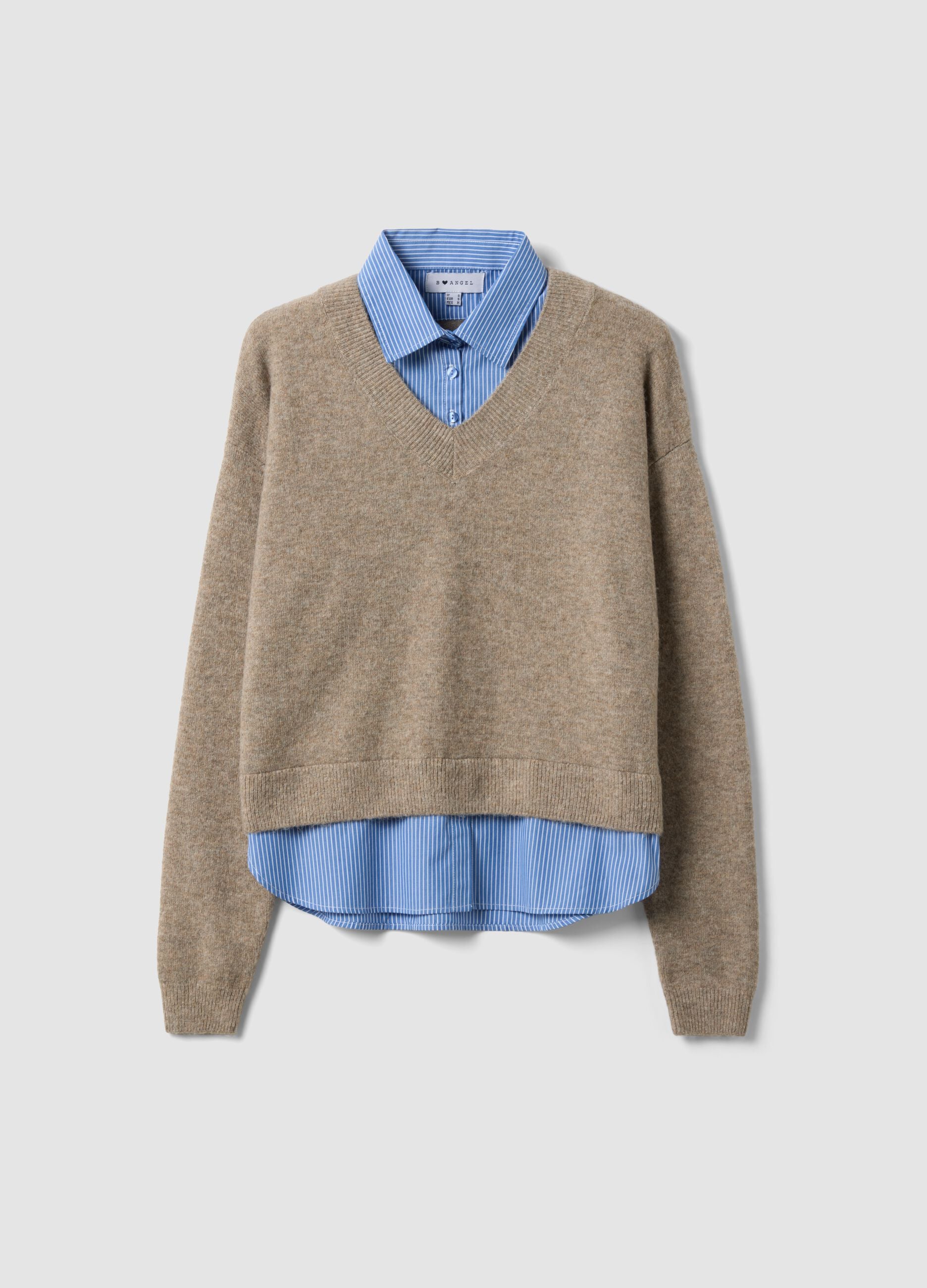 Beige V-neck viscose-blend jumper