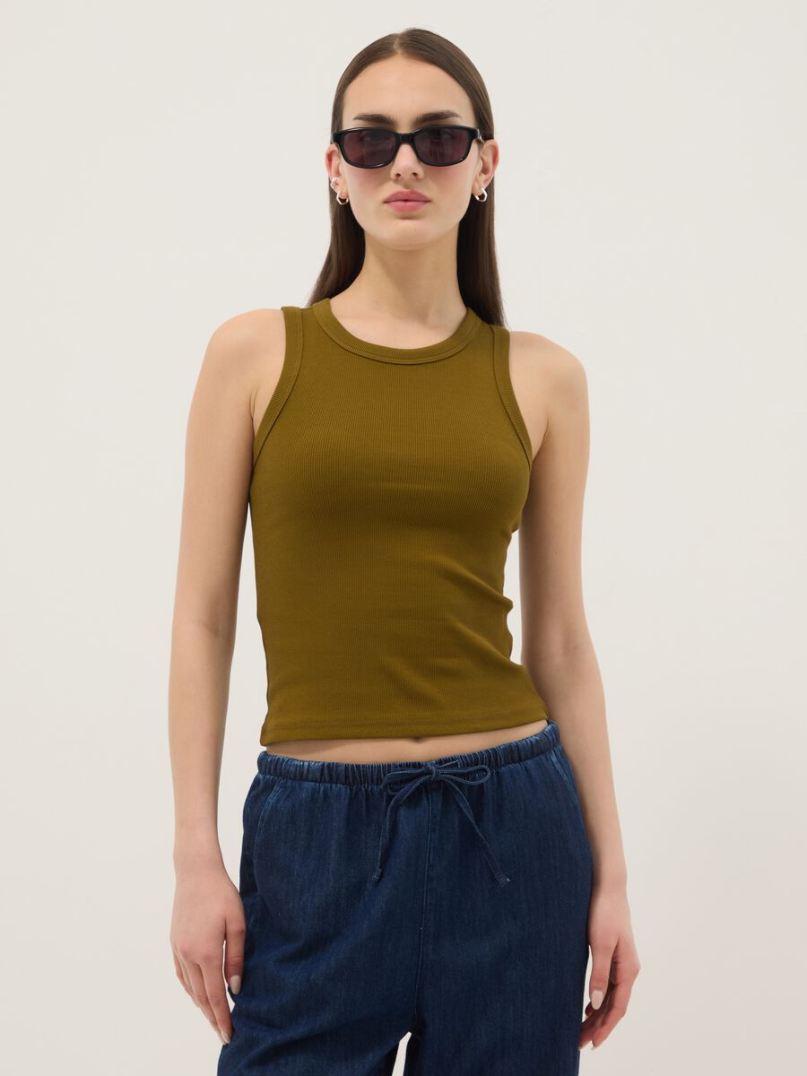 Green fitted ribbed stretch cotton tank top_1