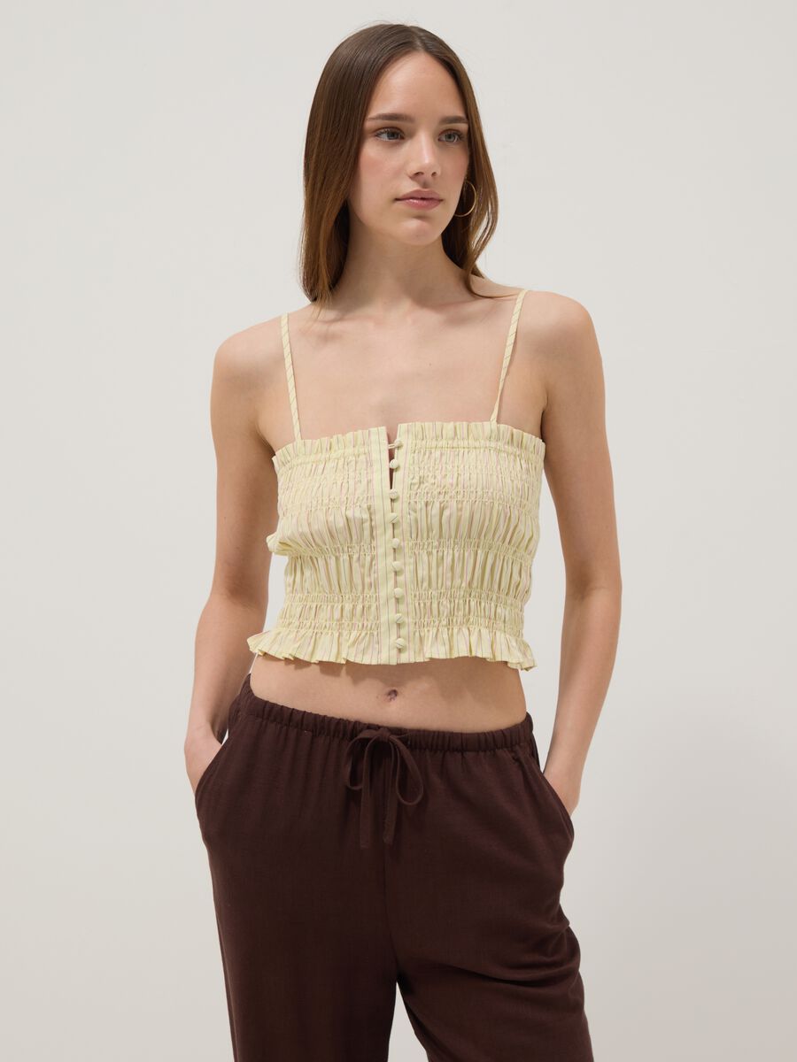 Yellow pure cotton tank top with ruched finish_1