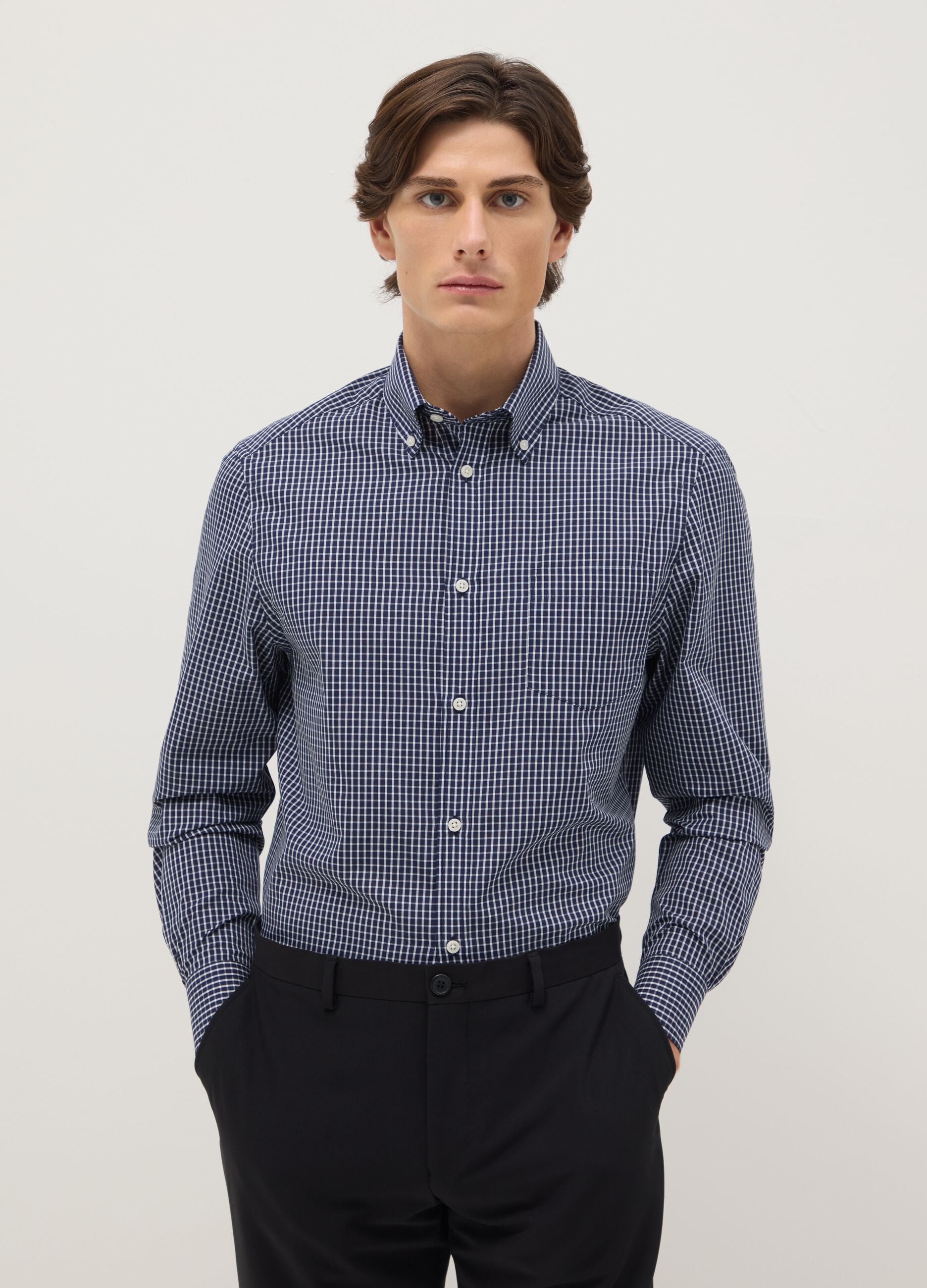 Blue cotton blend regular fit easy iron shirt