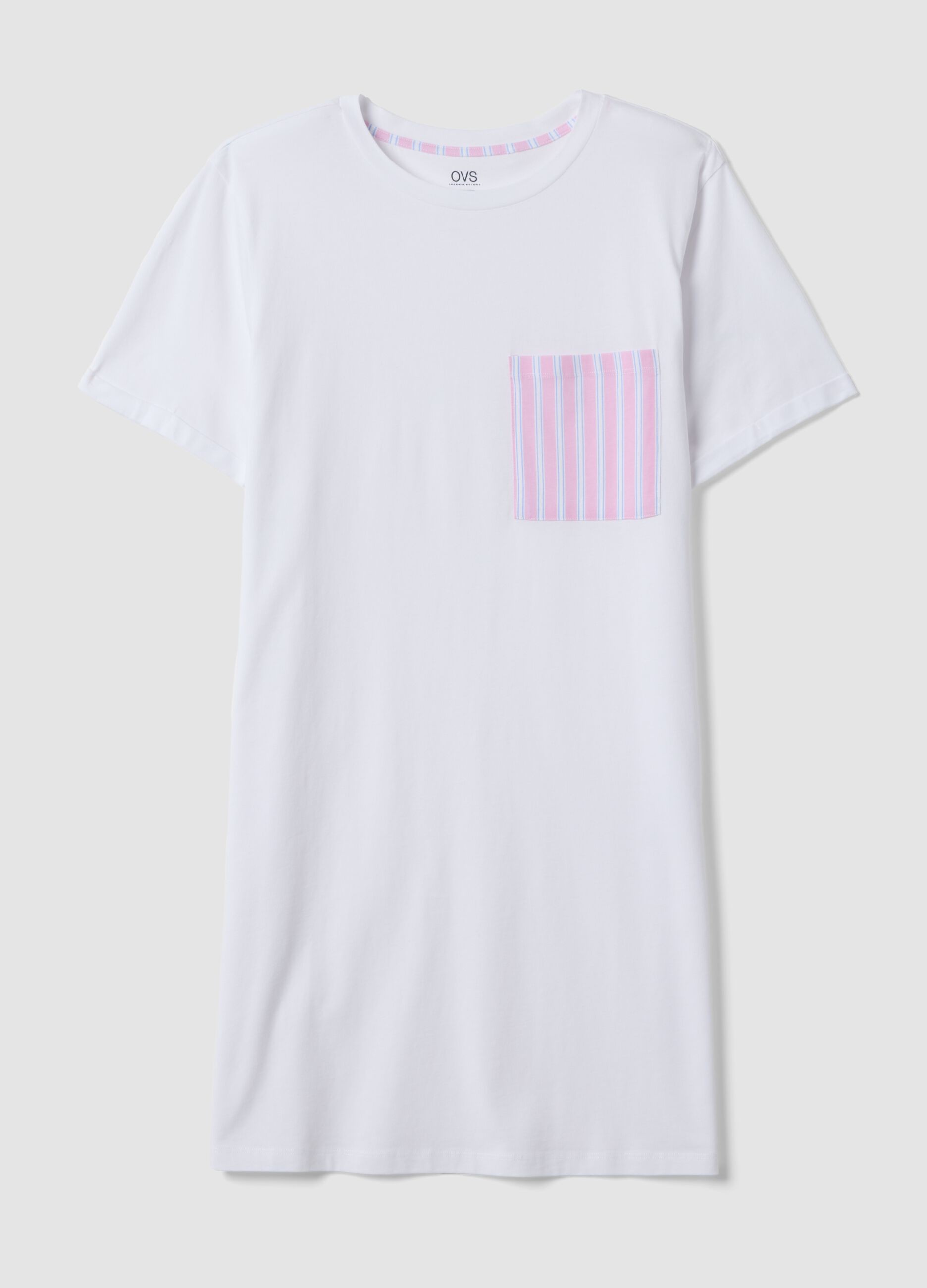 White pure cotton nightshirt with striped chest pocket