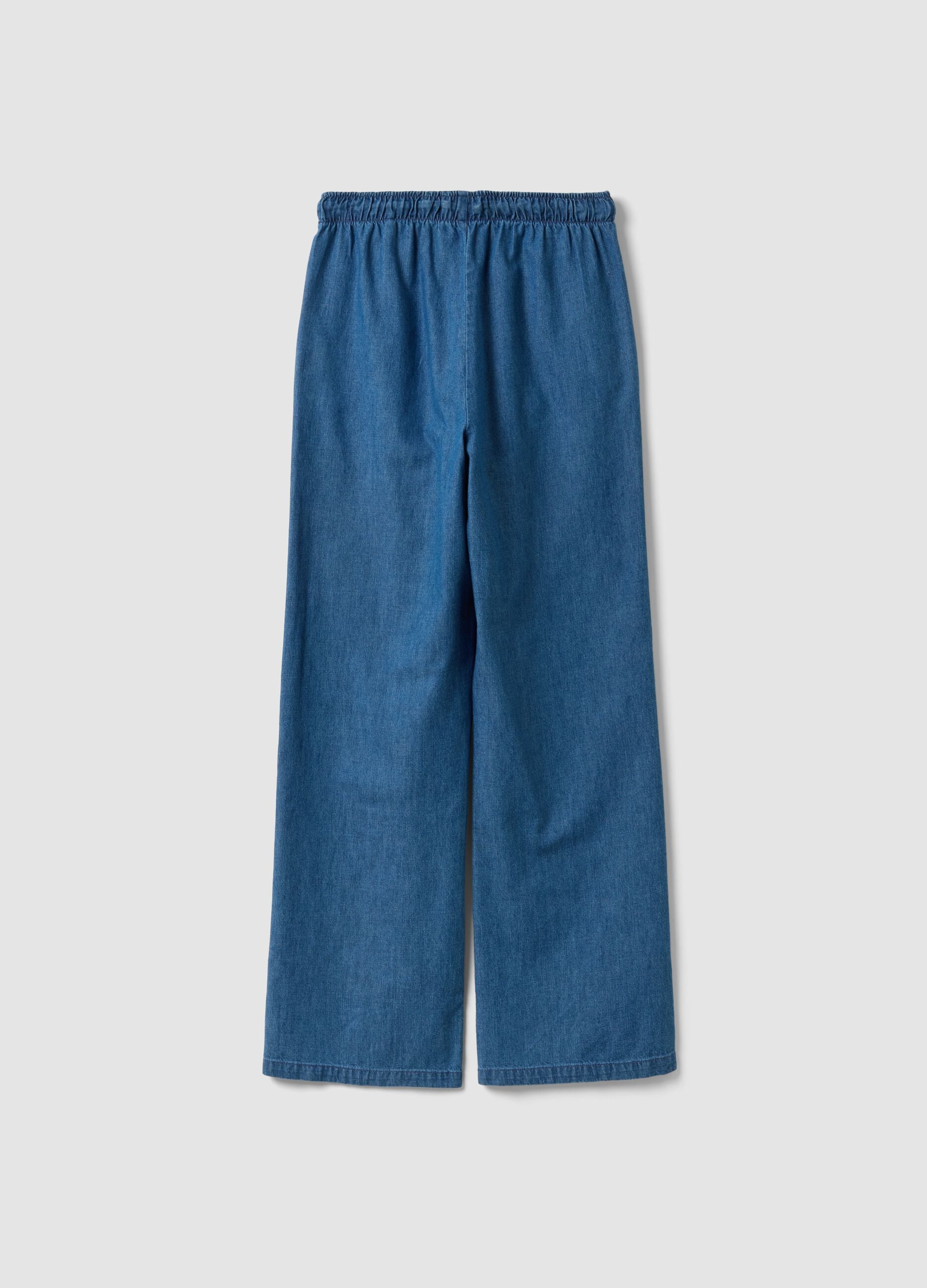 Blue pure cotton wide-leg denim trousers with drawstring