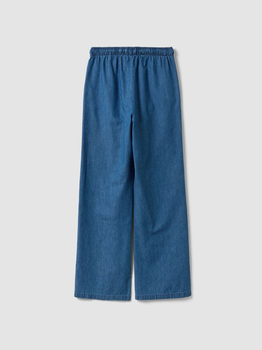 Blue pure cotton wide-leg denim trousers with drawstring_5