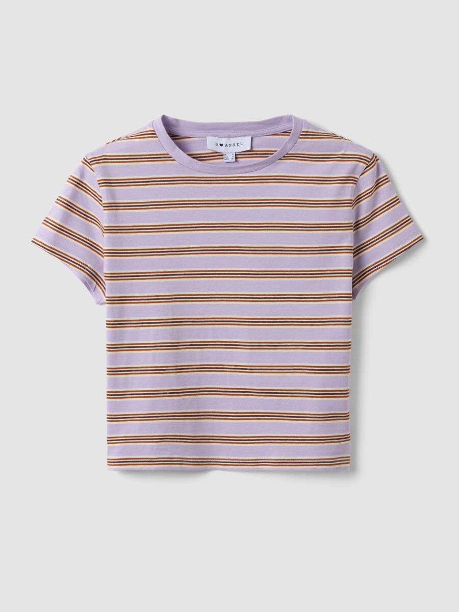 T-shirt crop viola in puro cotone a righe con stampa_0