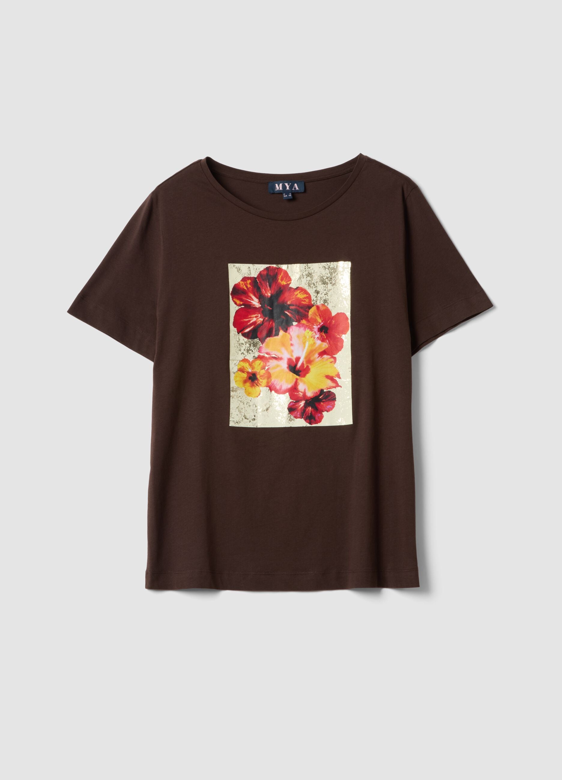 Brown pure cotton T-shirt with print, regular fit