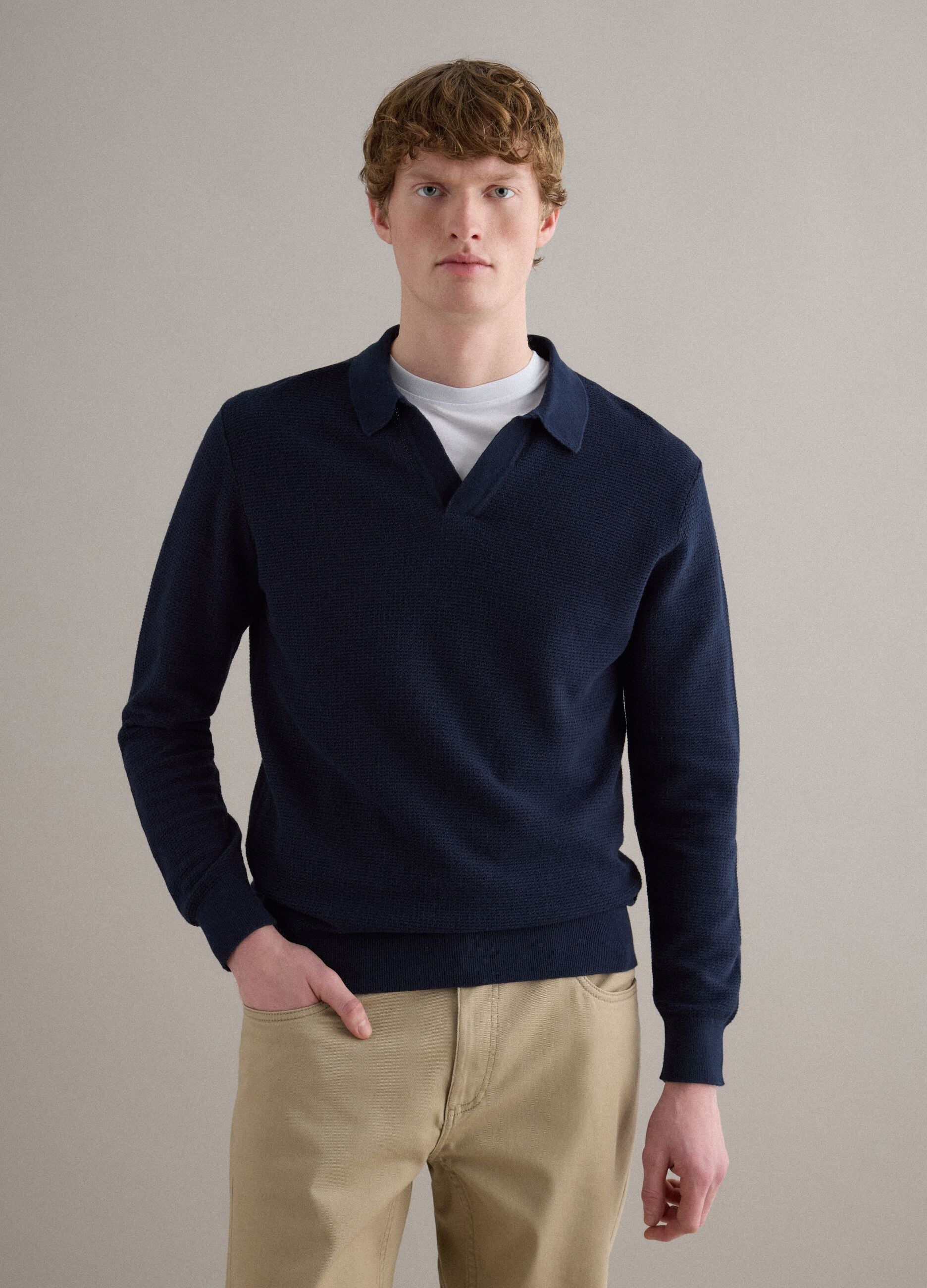 Regular fit blue pure cotton pullover with polo collar