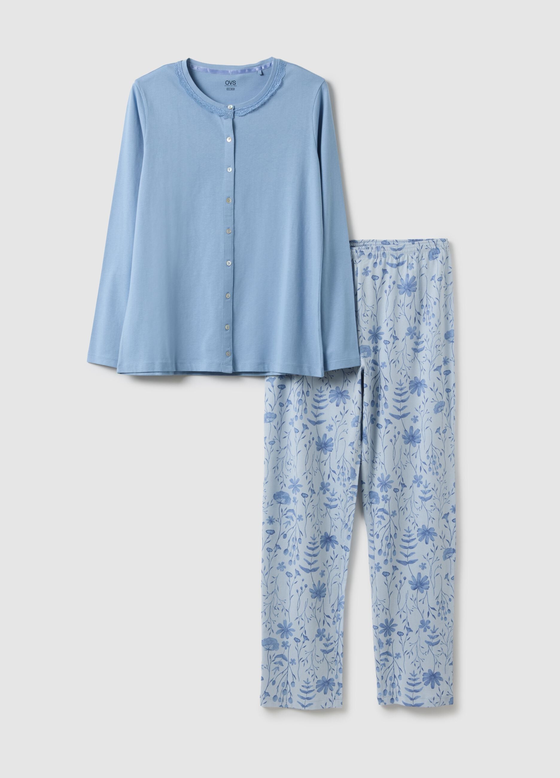 Blue pyjamas in pure cotton regular fit with floral details