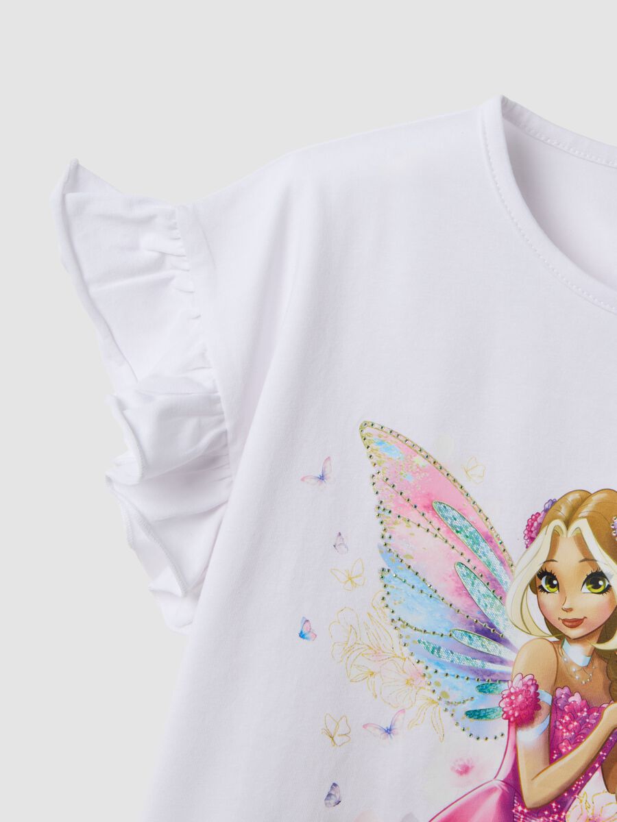 T-shirt bianca in cotone elasticizzato con maniche volant per bambina regular fit_2