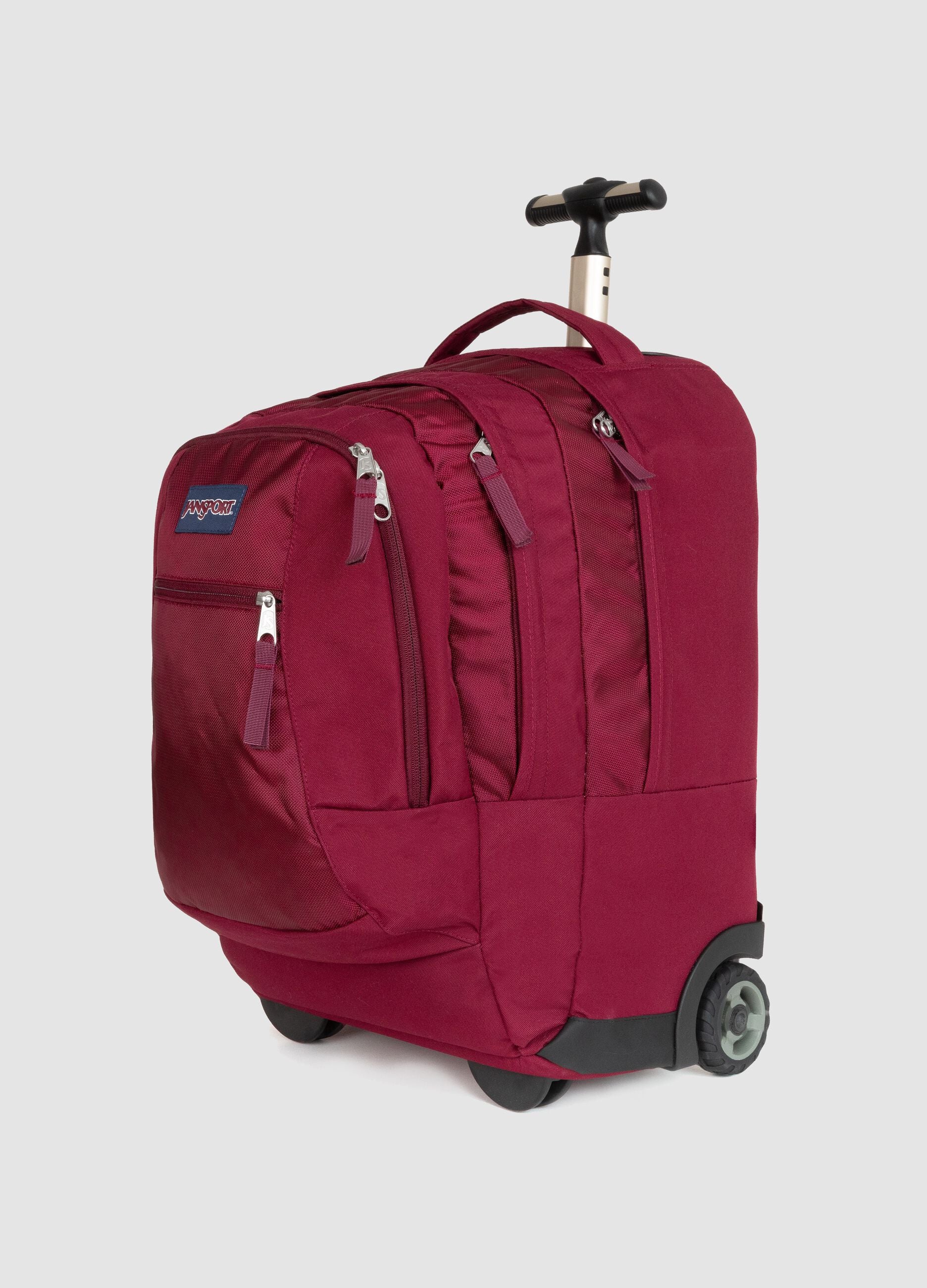 Red wheeled backpack with trolley handle and zip pockets