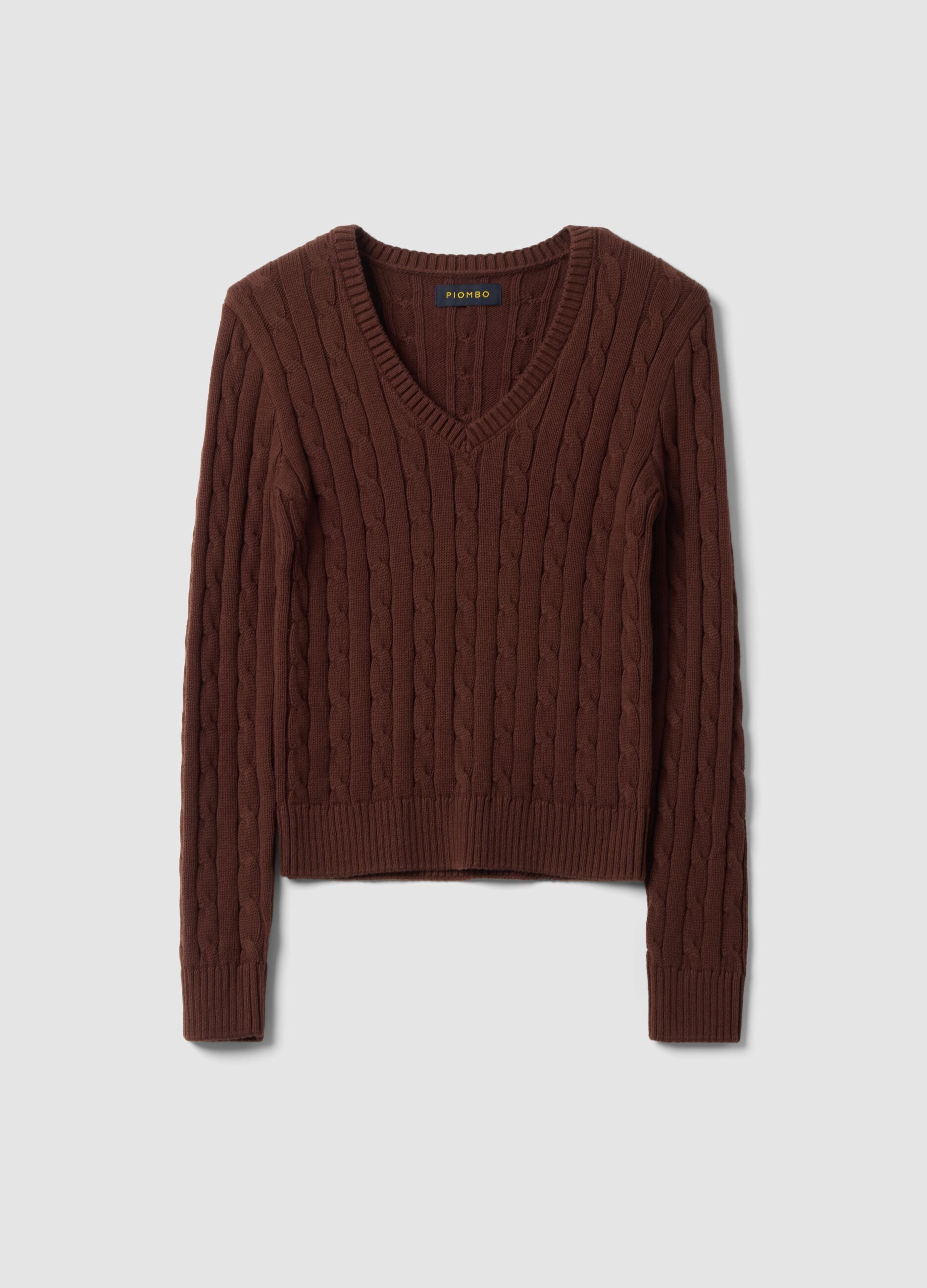 Brown pure cotton cable-knit jumper with deep V-neck