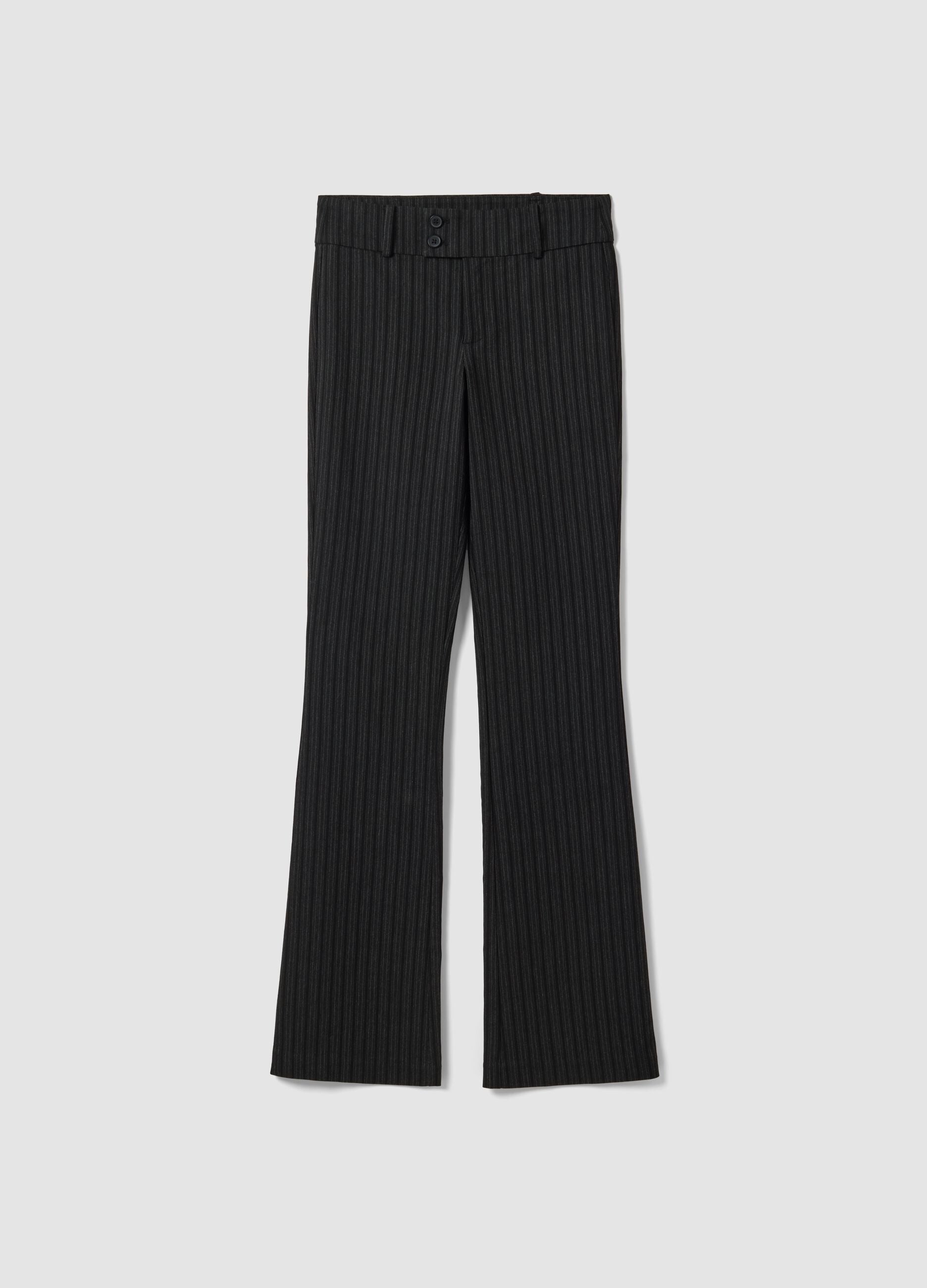 Black flared pinstripe trousers in stretch viscose