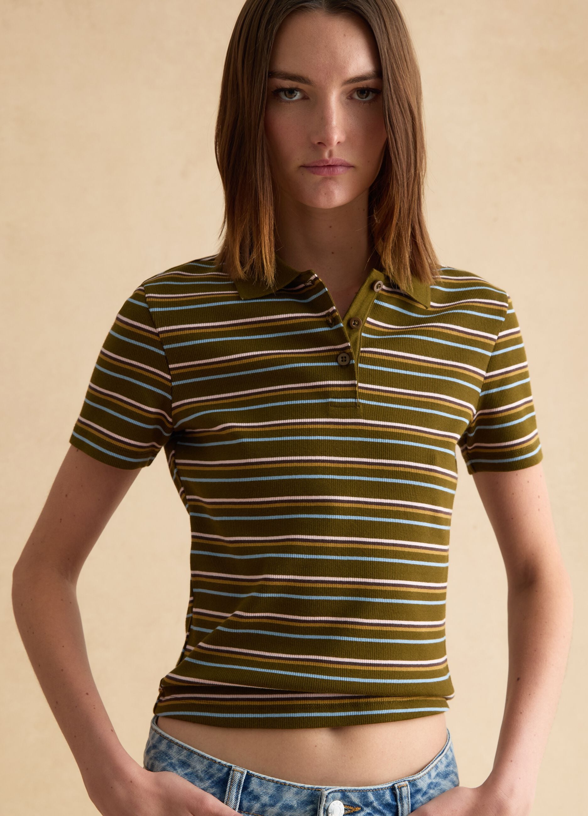 Striped green polo in stretch cotton