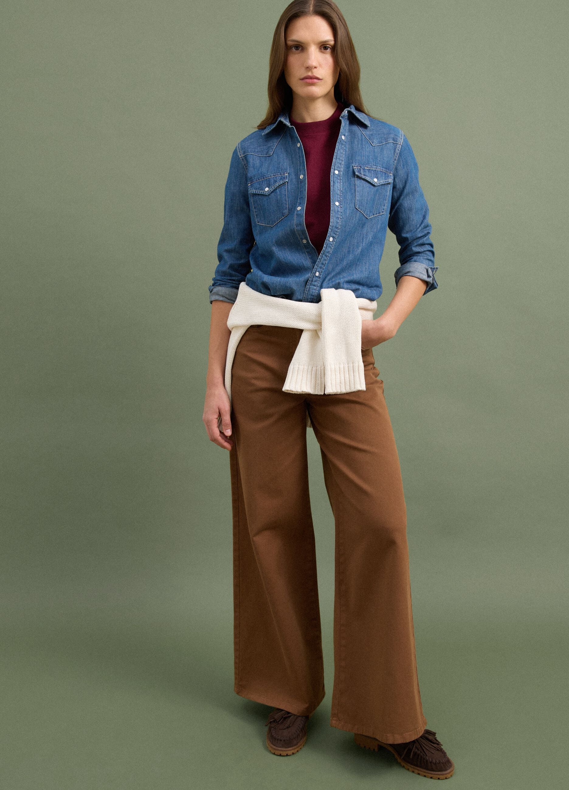 Brown wide-leg stretch cotton trousers