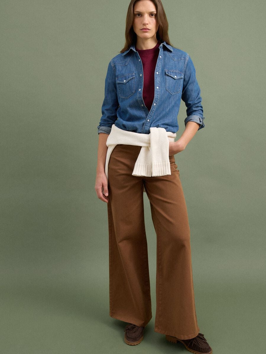 Brown wide-leg stretch cotton trousers_1