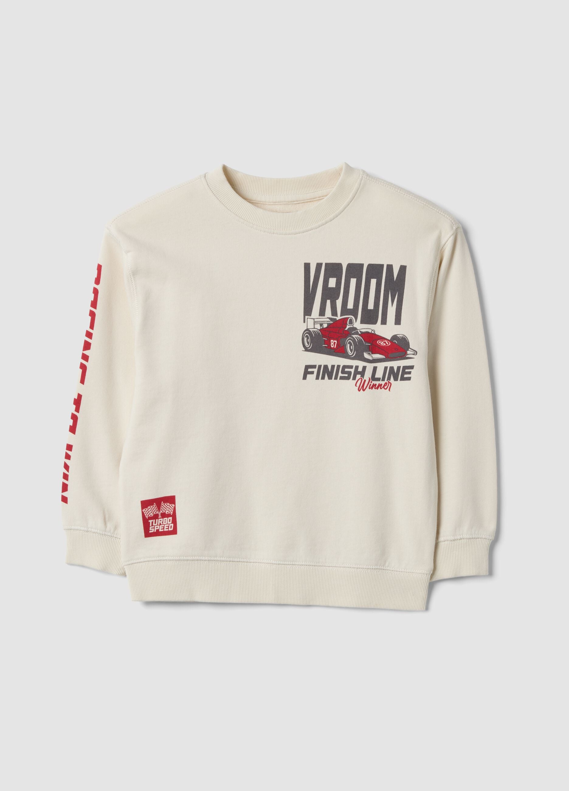 White 100% cotton crew-neck sweatshirt with racing print, oversized fit